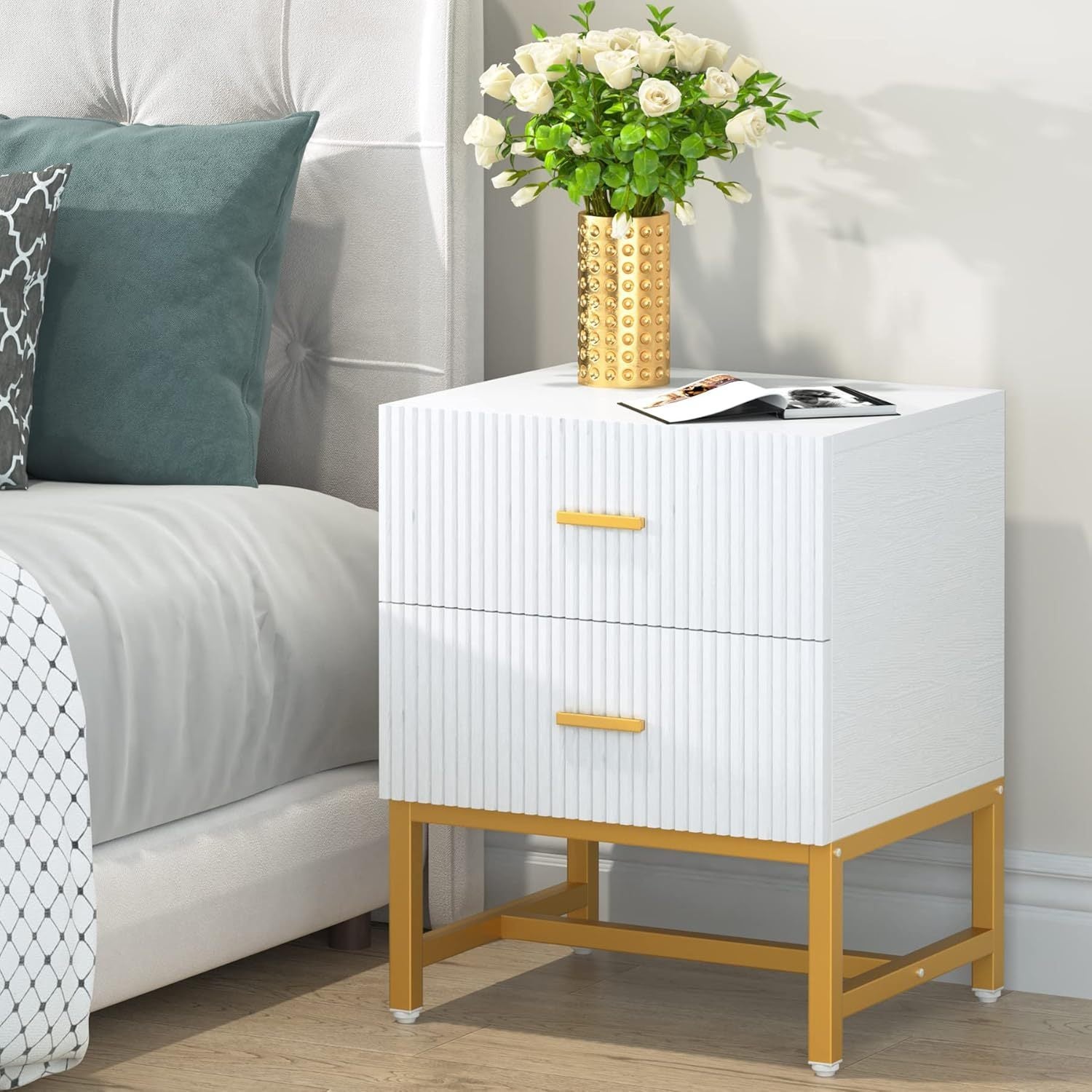 2-Drawer Modern Nightstand - Fluted Wood Bedside Table, Storage for Bedroom, Living Room - White