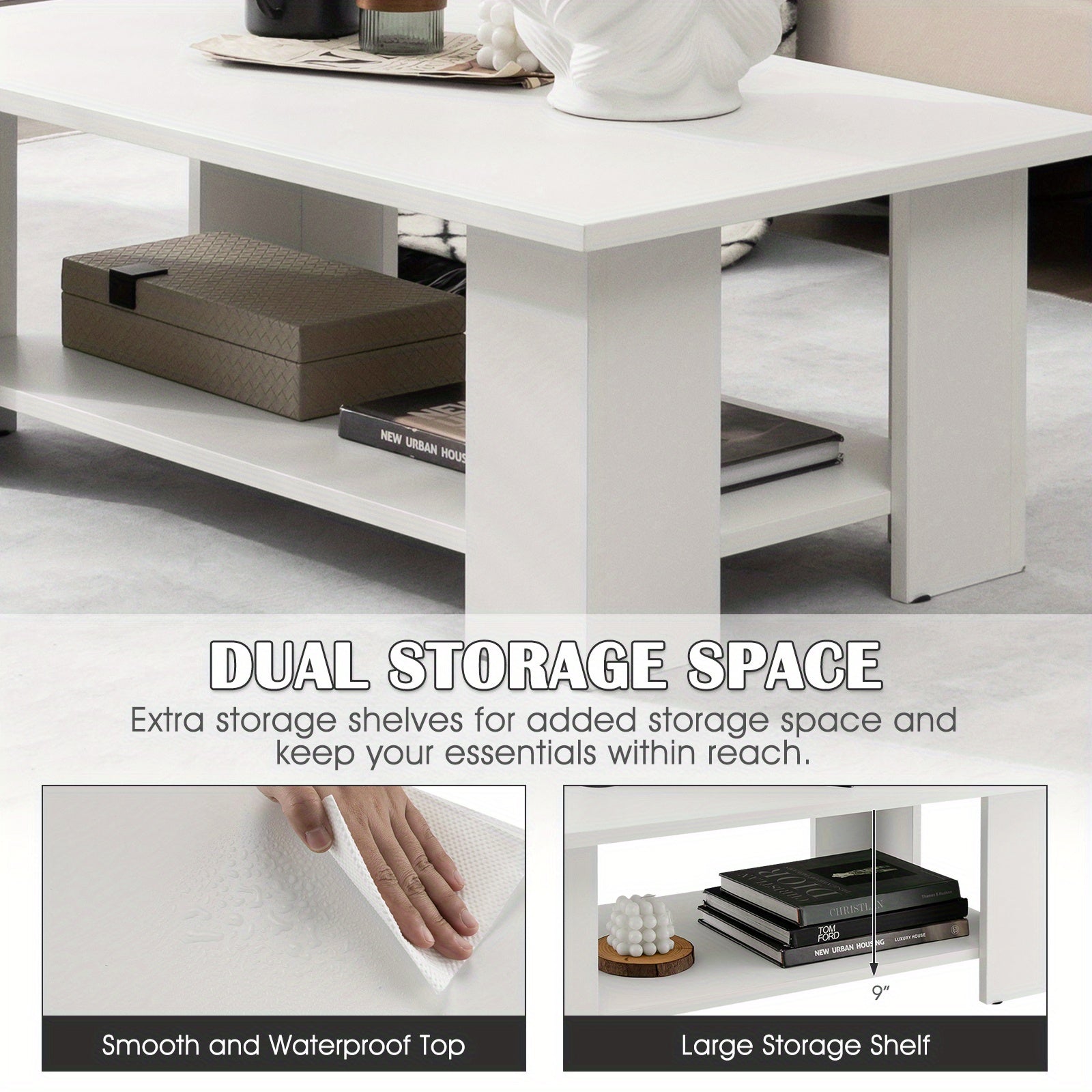 Modern Coffee Table w/ Storage Shelf Large 36’’ 2-tier Wooden Tea Table w/ Open Shelf Rectangle Wood End Table Easy