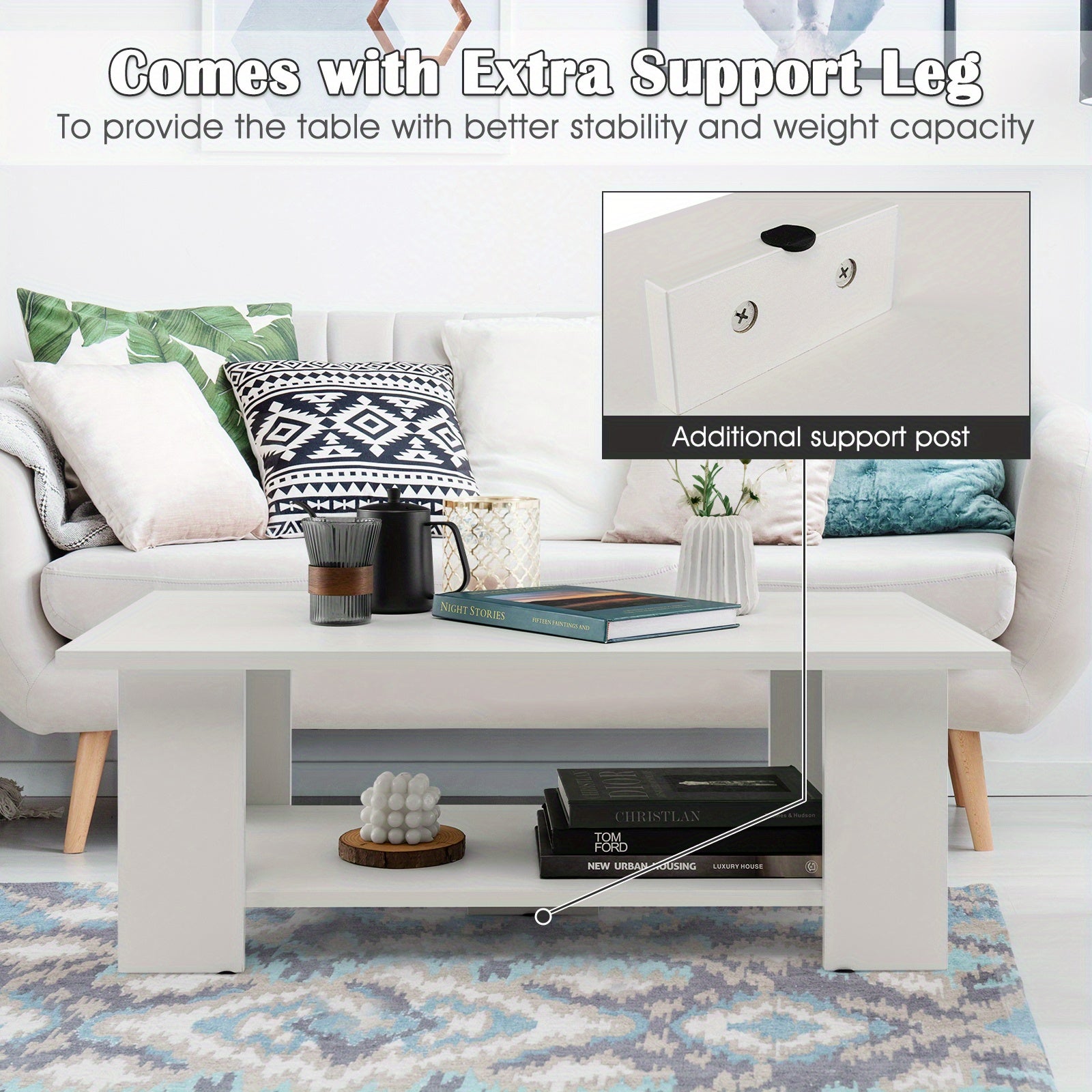 Modern Coffee Table w/ Storage Shelf Large 36’’ 2-tier Wooden Tea Table w/ Open Shelf Rectangle Wood End Table Easy