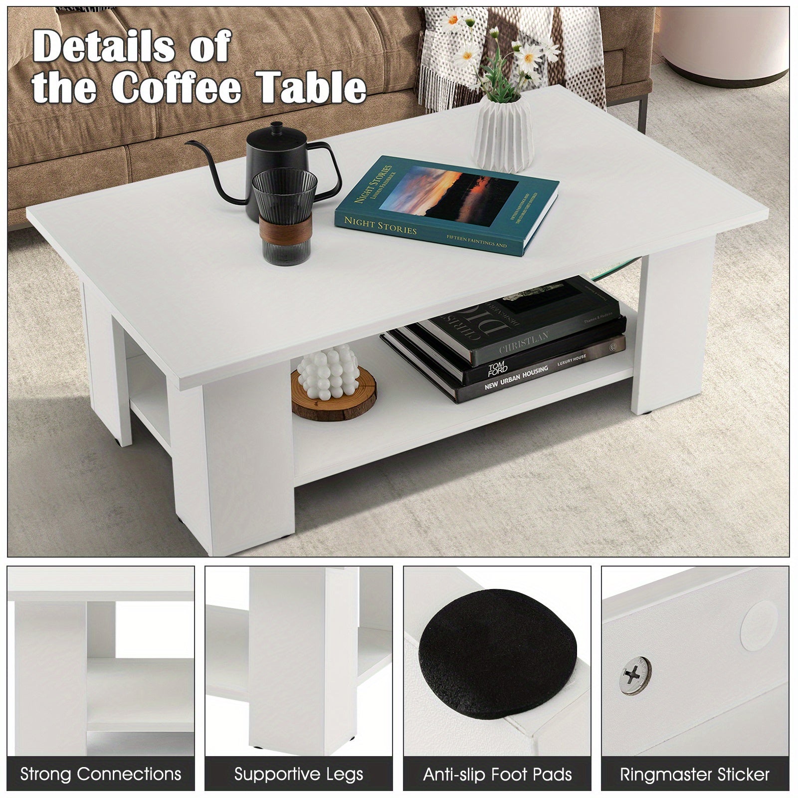 Modern Coffee Table w/ Storage Shelf Large 36’’ 2-tier Wooden Tea Table w/ Open Shelf Rectangle Wood End Table Easy