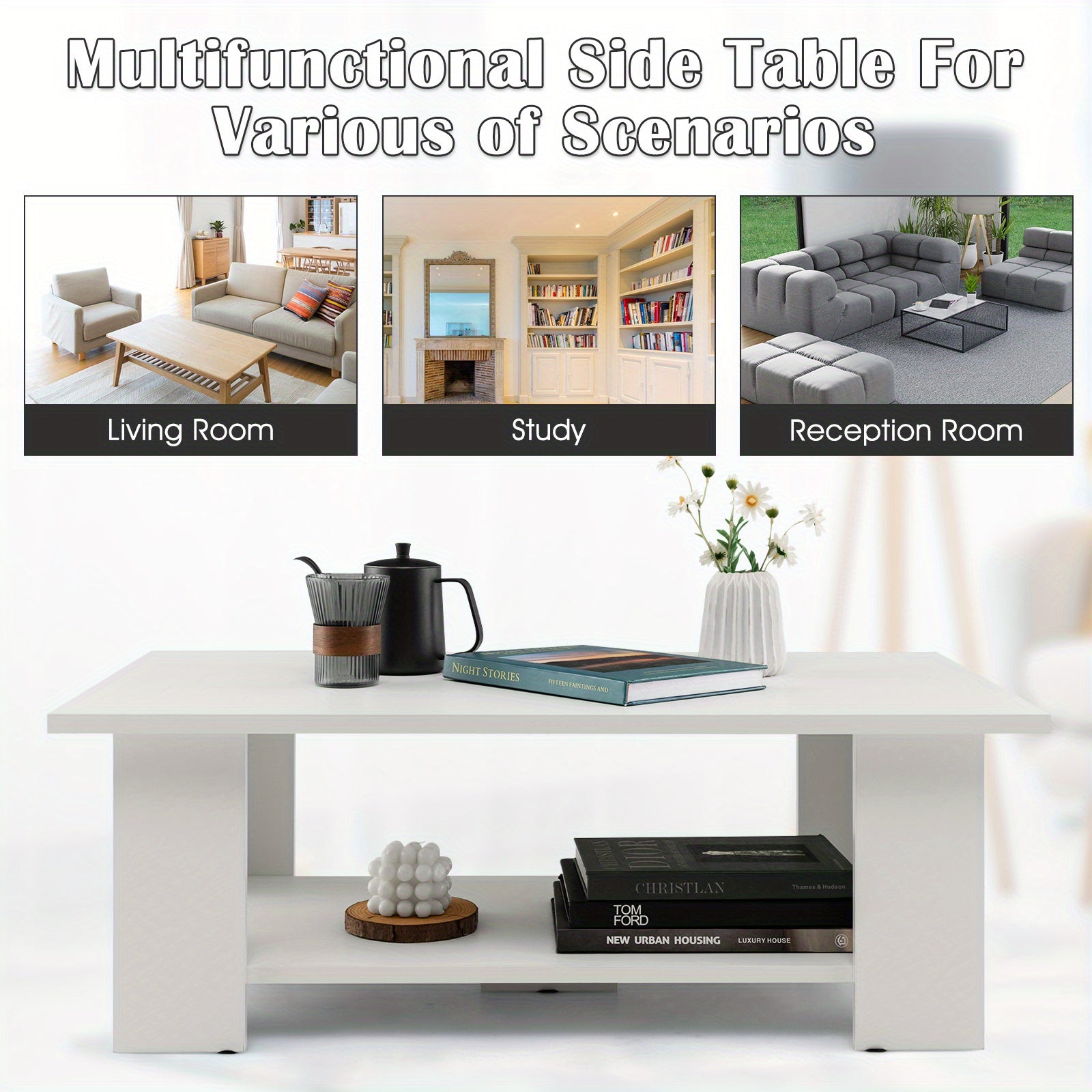 Modern Coffee Table w/ Storage Shelf Large 36’’ 2-tier Wooden Tea Table w/ Open Shelf Rectangle Wood End Table Easy
