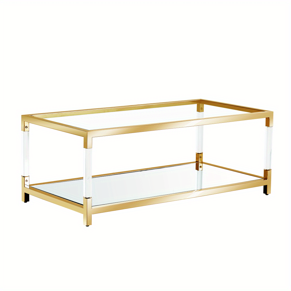 Gold Glass Coffee Table, Mirror Bottom Living Room Table Modern Acrylic Leg Luxury Stainless Steel Frame, Clear Tempered Glass Top 47.2"