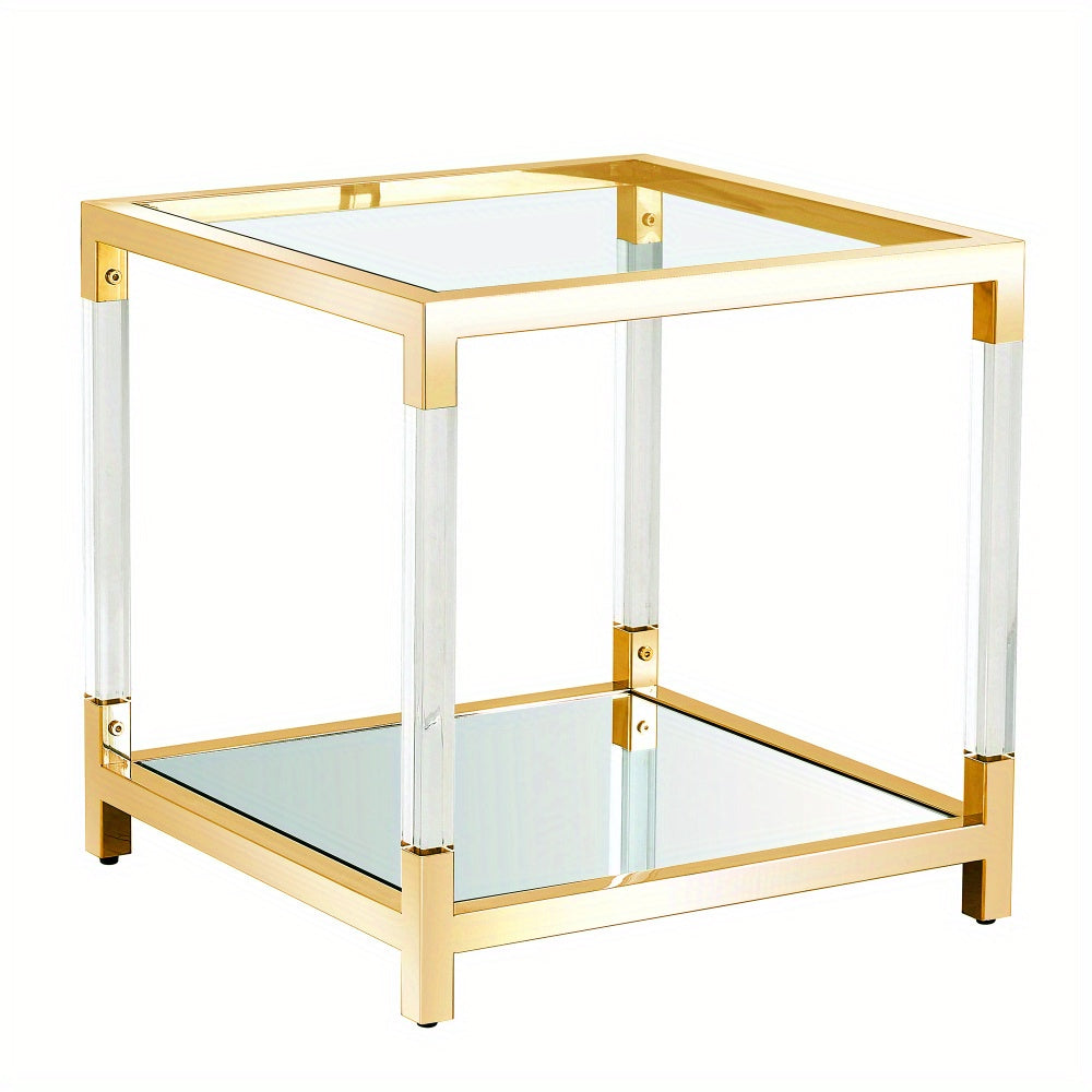 Gold Glass Coffee Table, Mirror Bottom Living Room Table Modern Acrylic Leg Luxury Stainless Steel Frame, Clear Tempered Glass Top 47.2"