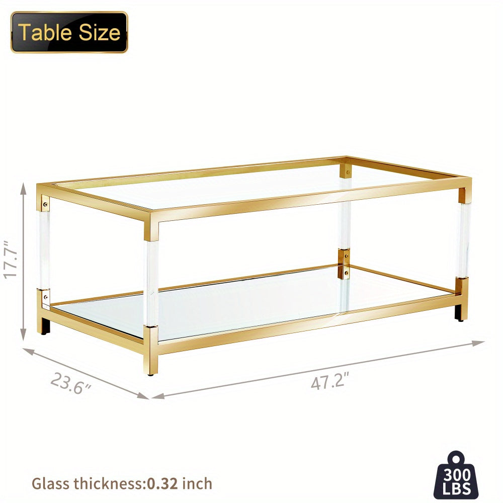 Gold Glass Coffee Table, Mirror Bottom Living Room Table Modern Acrylic Leg Luxury Stainless Steel Frame, Clear Tempered Glass Top 47.2"