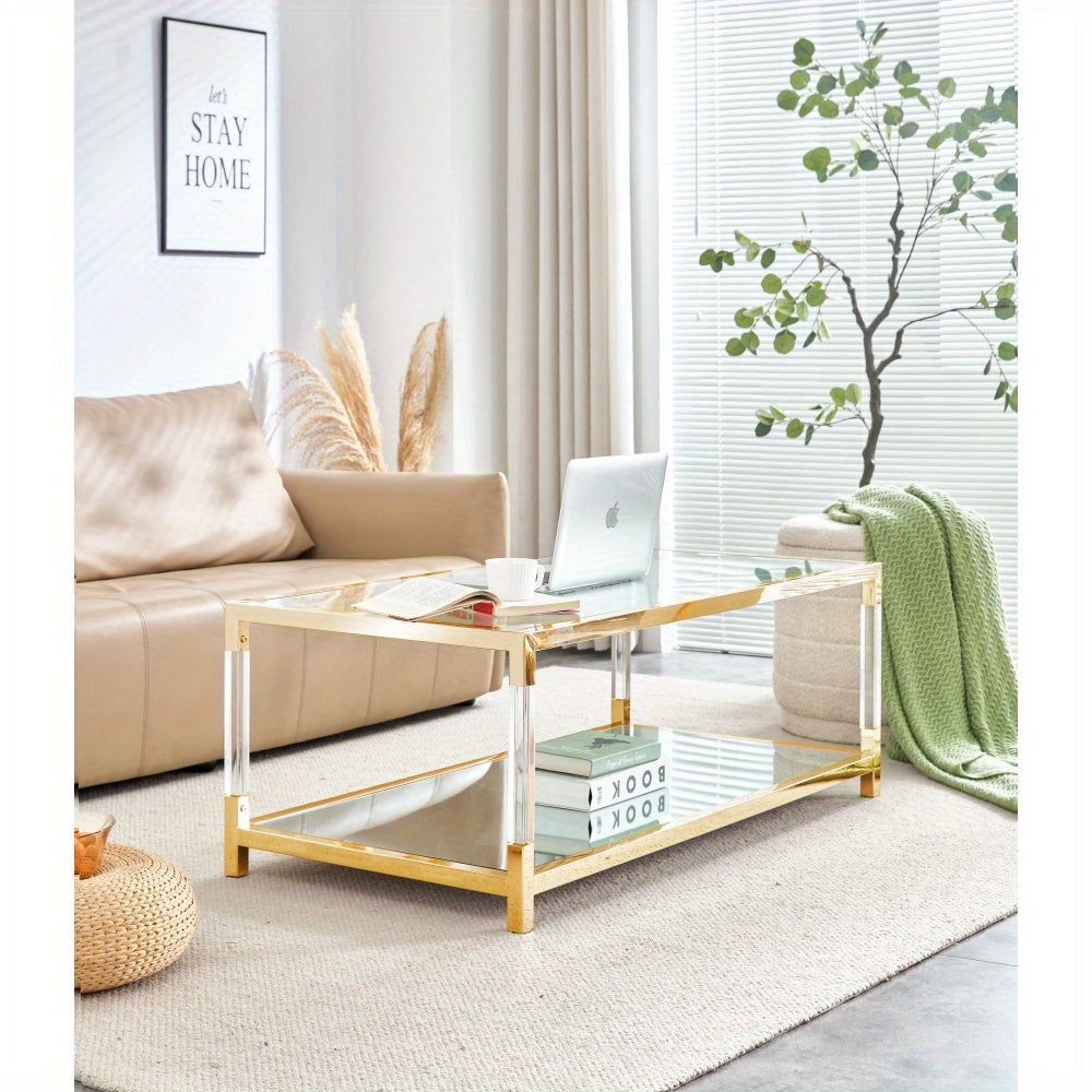 Gold Glass Coffee Table, Mirror Bottom Living Room Table Modern Acrylic Leg Luxury Stainless Steel Frame, Clear Tempered Glass Top 47.2"