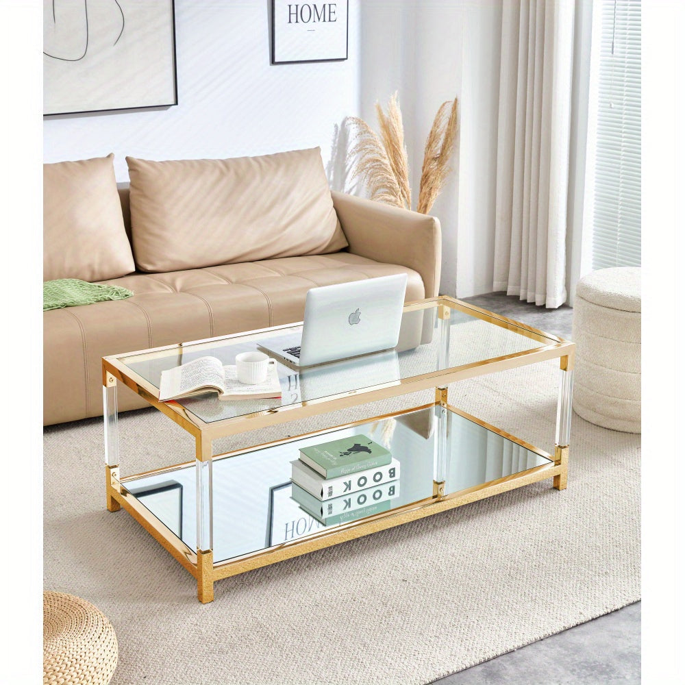 Gold Glass Coffee Table, Mirror Bottom Living Room Table Modern Acrylic Leg Luxury Stainless Steel Frame, Clear Tempered Glass Top 47.2"