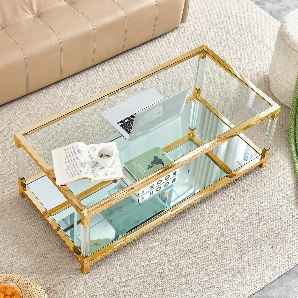 Gold Glass Coffee Table, Mirror Bottom Living Room Table Modern Acrylic Leg Luxury Stainless Steel Frame, Clear Tempered Glass Top 47.2"