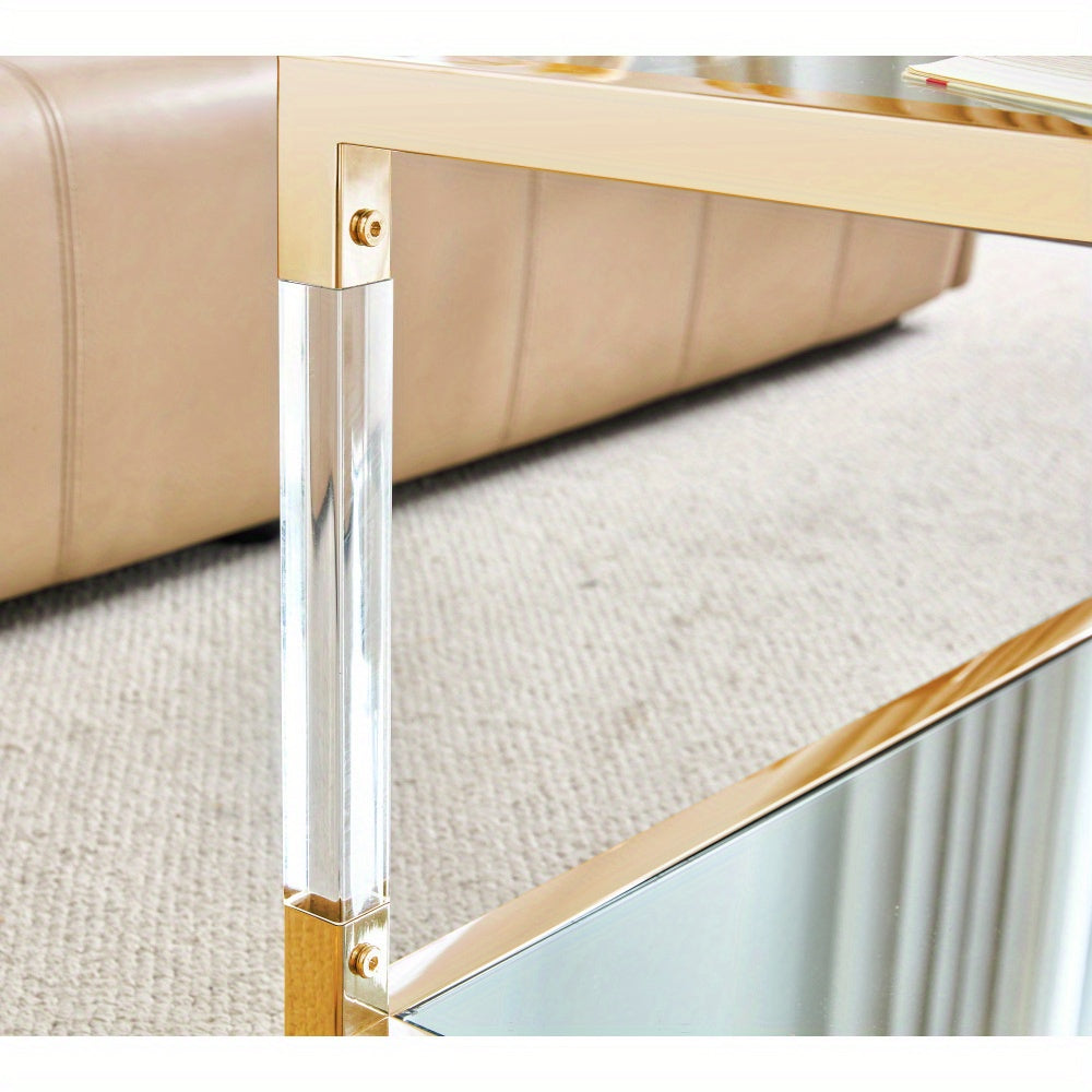 Gold Glass Coffee Table, Mirror Bottom Living Room Table Modern Acrylic Leg Luxury Stainless Steel Frame, Clear Tempered Glass Top 47.2"