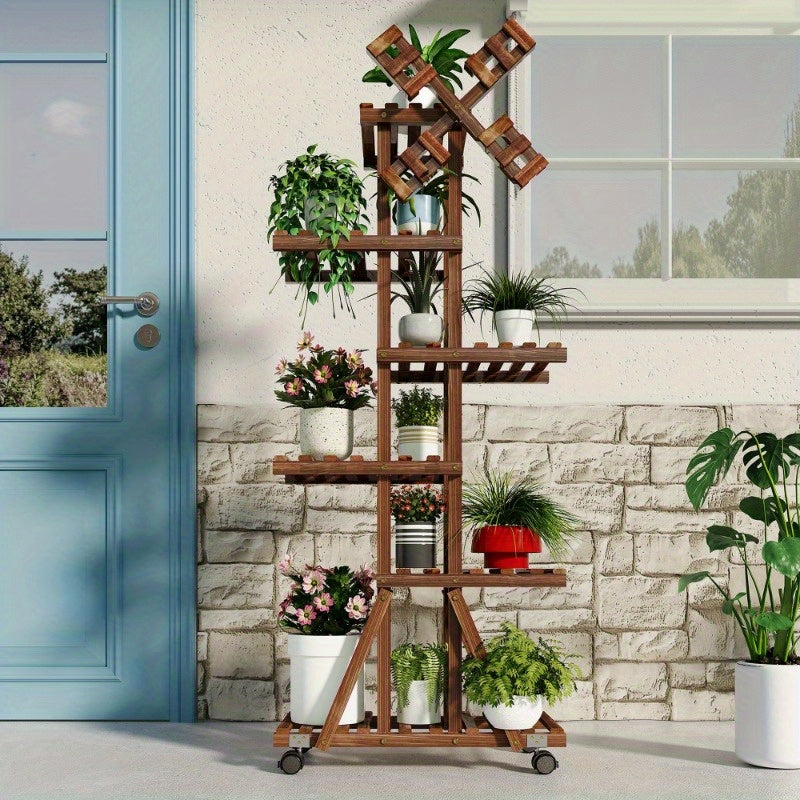 Multi-Tiered Plant Stand with Wheels, Indoor/ Outdoor Windmill-Style Plant Stand for Pots, Tall Wooden Storage Shelf for Garden, Patio, Lawn, Window Sill Plant Display Shelf, Home Decor, Living Room Enhancement.