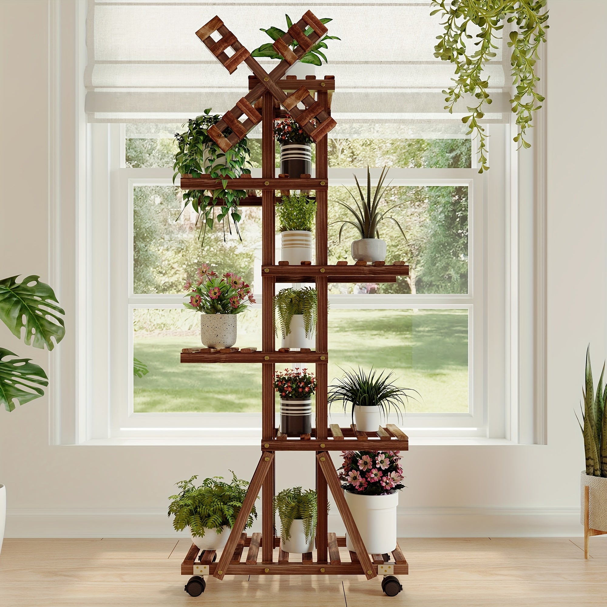 Multi-Tiered Plant Stand with Wheels, Indoor/ Outdoor Windmill-Style Plant Stand for Pots, Tall Wooden Storage Shelf for Garden, Patio, Lawn, Window Sill Plant Display Shelf, Home Decor, Living Room Enhancement.