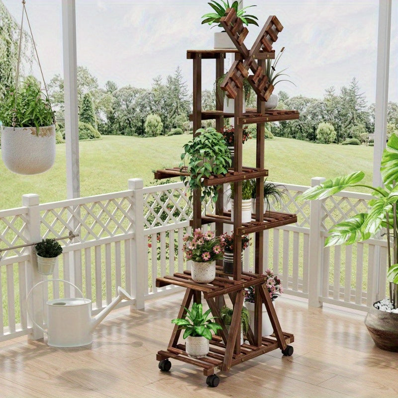 Multi-Tiered Plant Stand with Wheels, Indoor/ Outdoor Windmill-Style Plant Stand for Pots, Tall Wooden Storage Shelf for Garden, Patio, Lawn, Window Sill Plant Display Shelf, Home Decor, Living Room Enhancement.