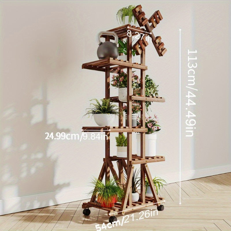 Multi-Tiered Plant Stand with Wheels, Indoor/ Outdoor Windmill-Style Plant Stand for Pots, Tall Wooden Storage Shelf for Garden, Patio, Lawn, Window Sill Plant Display Shelf, Home Decor, Living Room Enhancement.