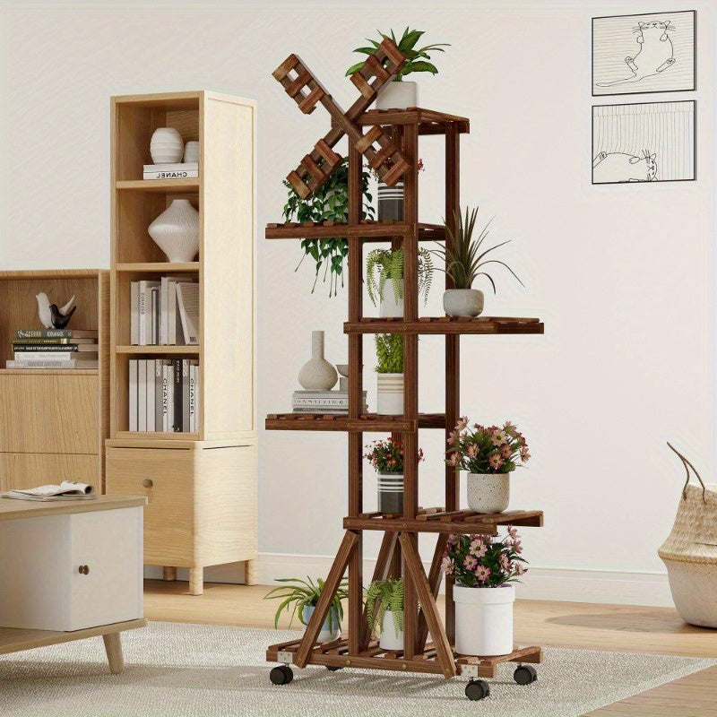 Multi-Tiered Plant Stand with Wheels, Indoor/ Outdoor Windmill-Style Plant Stand for Pots, Tall Wooden Storage Shelf for Garden, Patio, Lawn, Window Sill Plant Display Shelf, Home Decor, Living Room Enhancement.