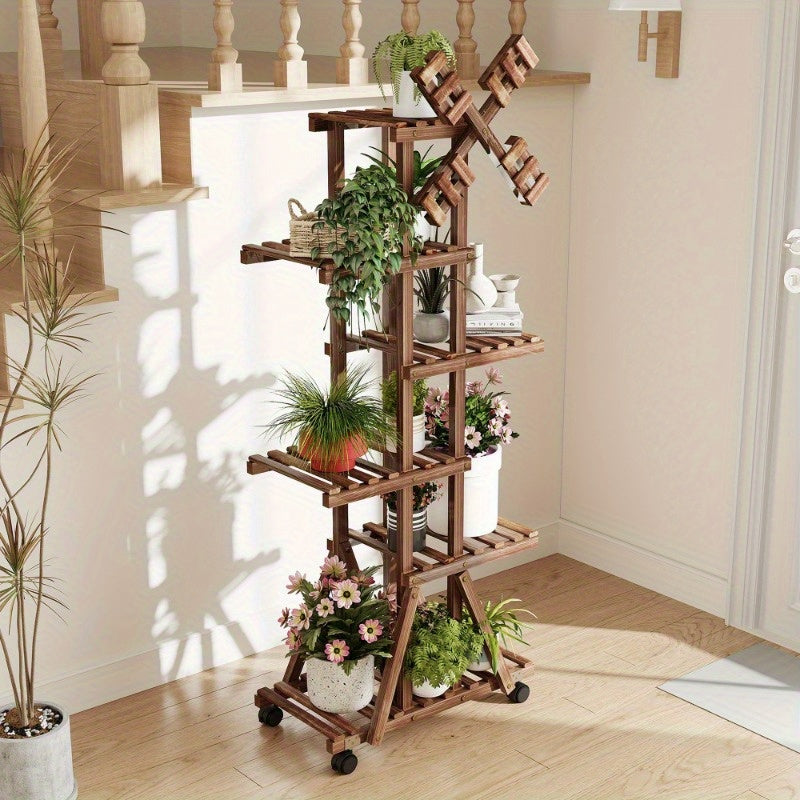 Multi-Tiered Plant Stand with Wheels, Indoor/ Outdoor Windmill-Style Plant Stand for Pots, Tall Wooden Storage Shelf for Garden, Patio, Lawn, Window Sill Plant Display Shelf, Home Decor, Living Room Enhancement.