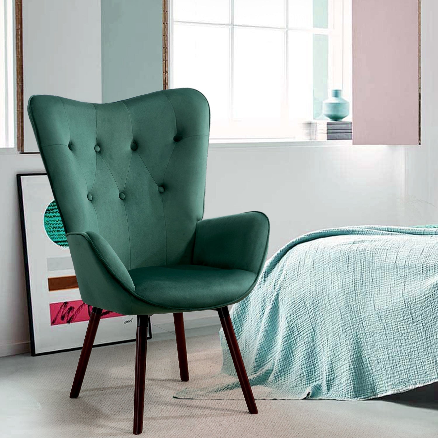 Homy Casa Mid-Century Modern Accent Chair, Button-Tufted High Back, Available in Beige Fabric or Green Velvet, Walnut Wood Legs, Cozy Lounge Chair for Living Room, Bedroom, or Office.