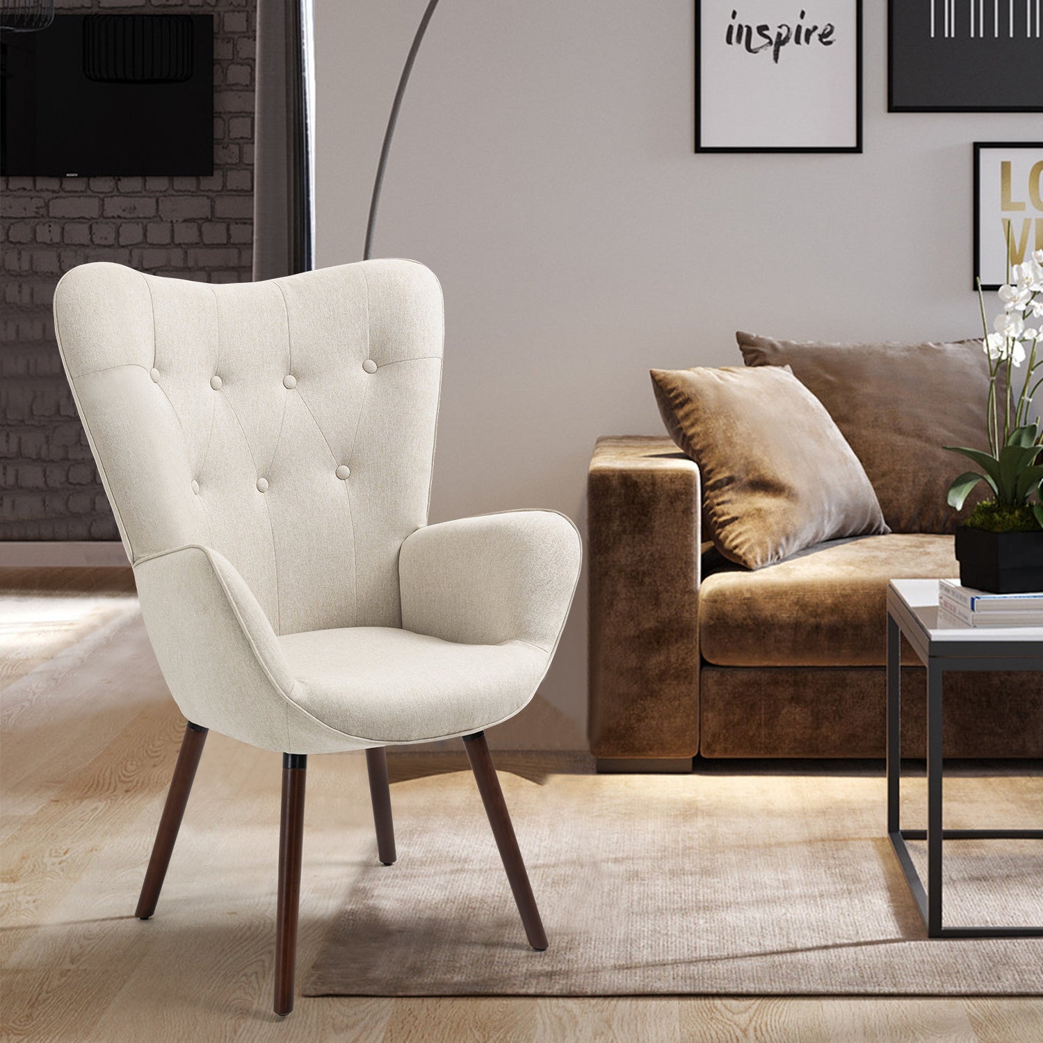 Homy Casa Mid-Century Modern Accent Chair, Button-Tufted High Back, Available in Beige Fabric or Green Velvet, Walnut Wood Legs, Cozy Lounge Chair for Living Room, Bedroom, or Office.