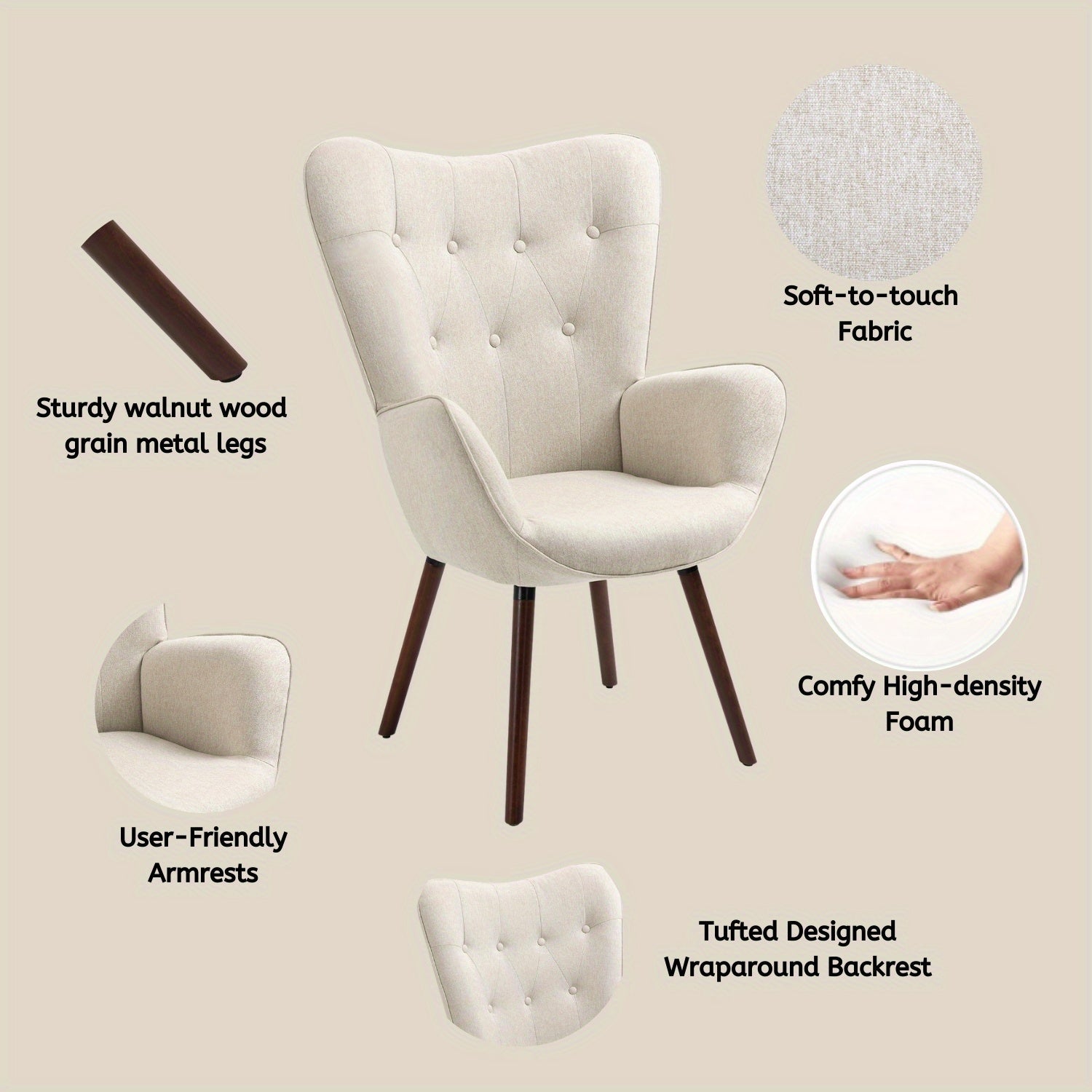 Homy Casa Mid-Century Modern Accent Chair, Button-Tufted High Back, Available in Beige Fabric or Green Velvet, Walnut Wood Legs, Cozy Lounge Chair for Living Room, Bedroom, or Office.