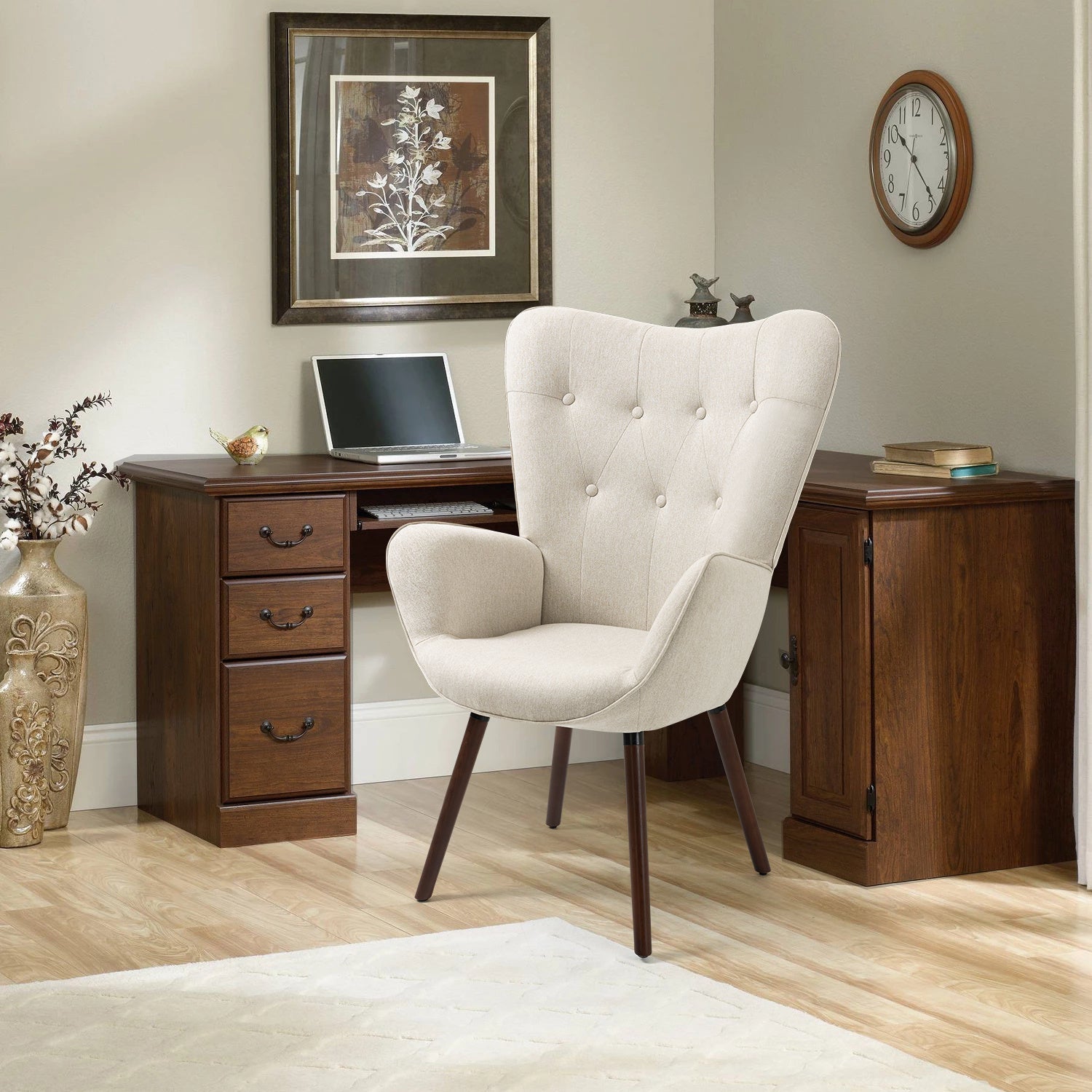 Homy Casa Mid-Century Modern Accent Chair, Button-Tufted High Back, Available in Beige Fabric or Green Velvet, Walnut Wood Legs, Cozy Lounge Chair for Living Room, Bedroom, or Office.