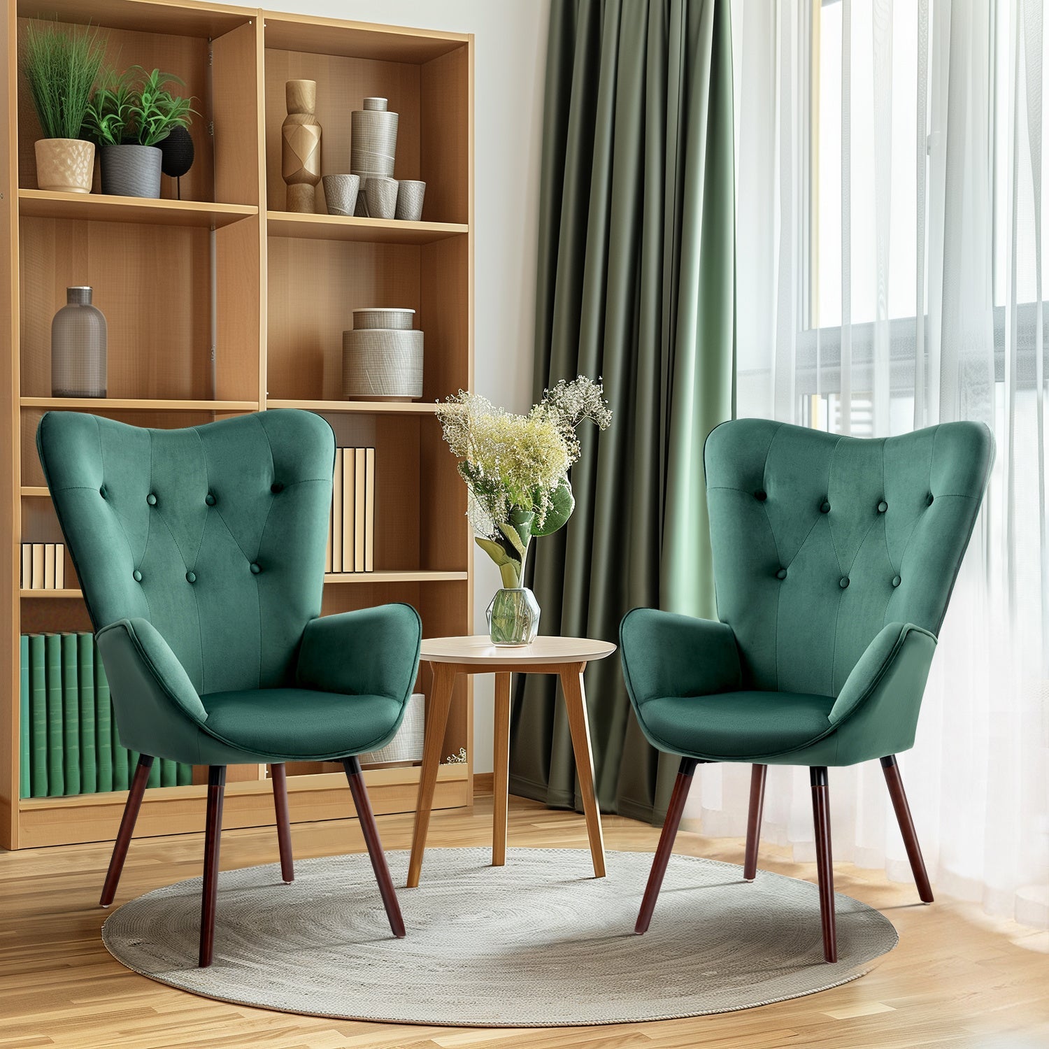 Homy Casa Mid-Century Modern Accent Chair, Button-Tufted High Back, Available in Beige Fabric or Green Velvet, Walnut Wood Legs, Cozy Lounge Chair for Living Room, Bedroom, or Office.