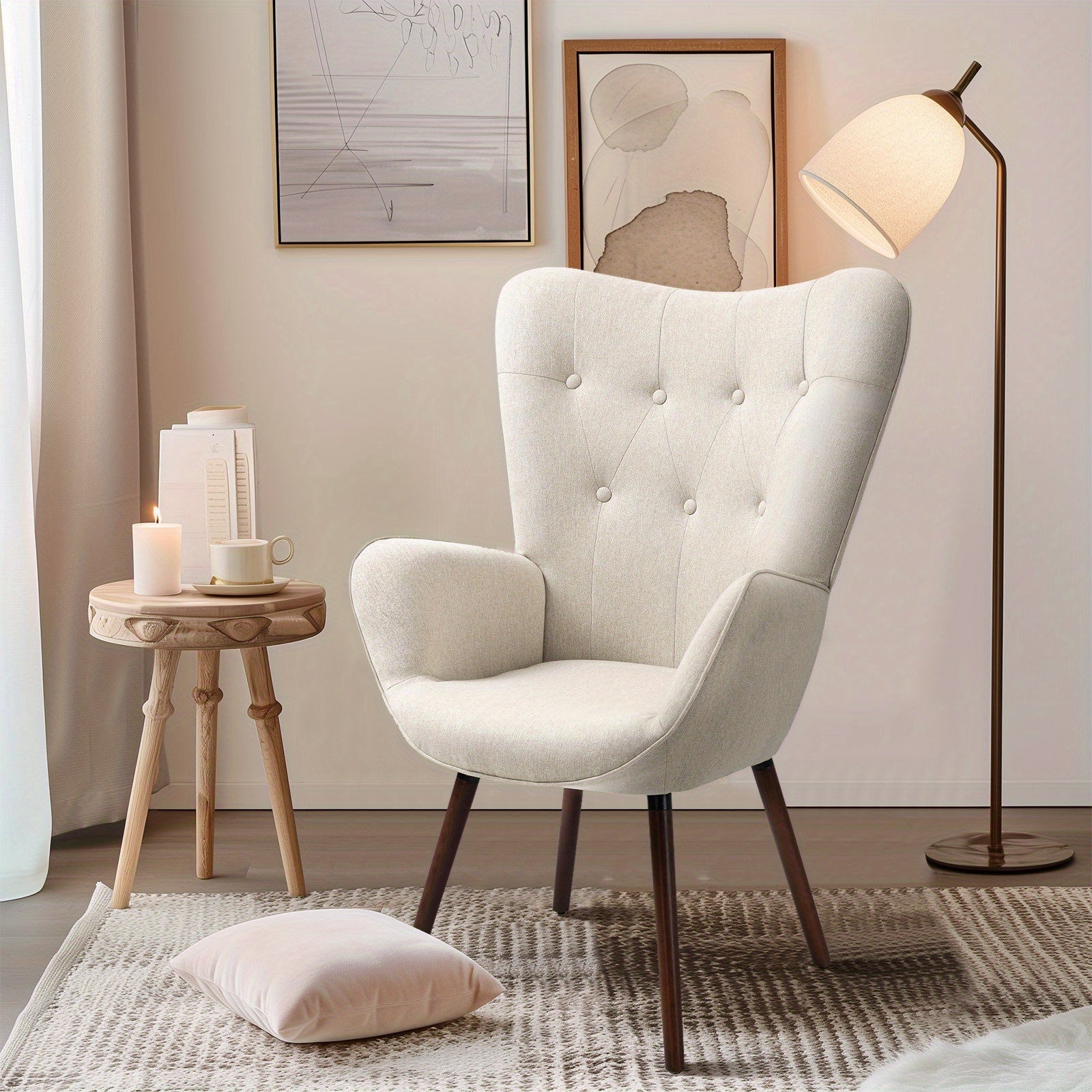 Homy Casa Mid-Century Modern Accent Chair, Button-Tufted High Back, Available in Beige Fabric or Green Velvet, Walnut Wood Legs, Cozy Lounge Chair for Living Room, Bedroom, or Office.