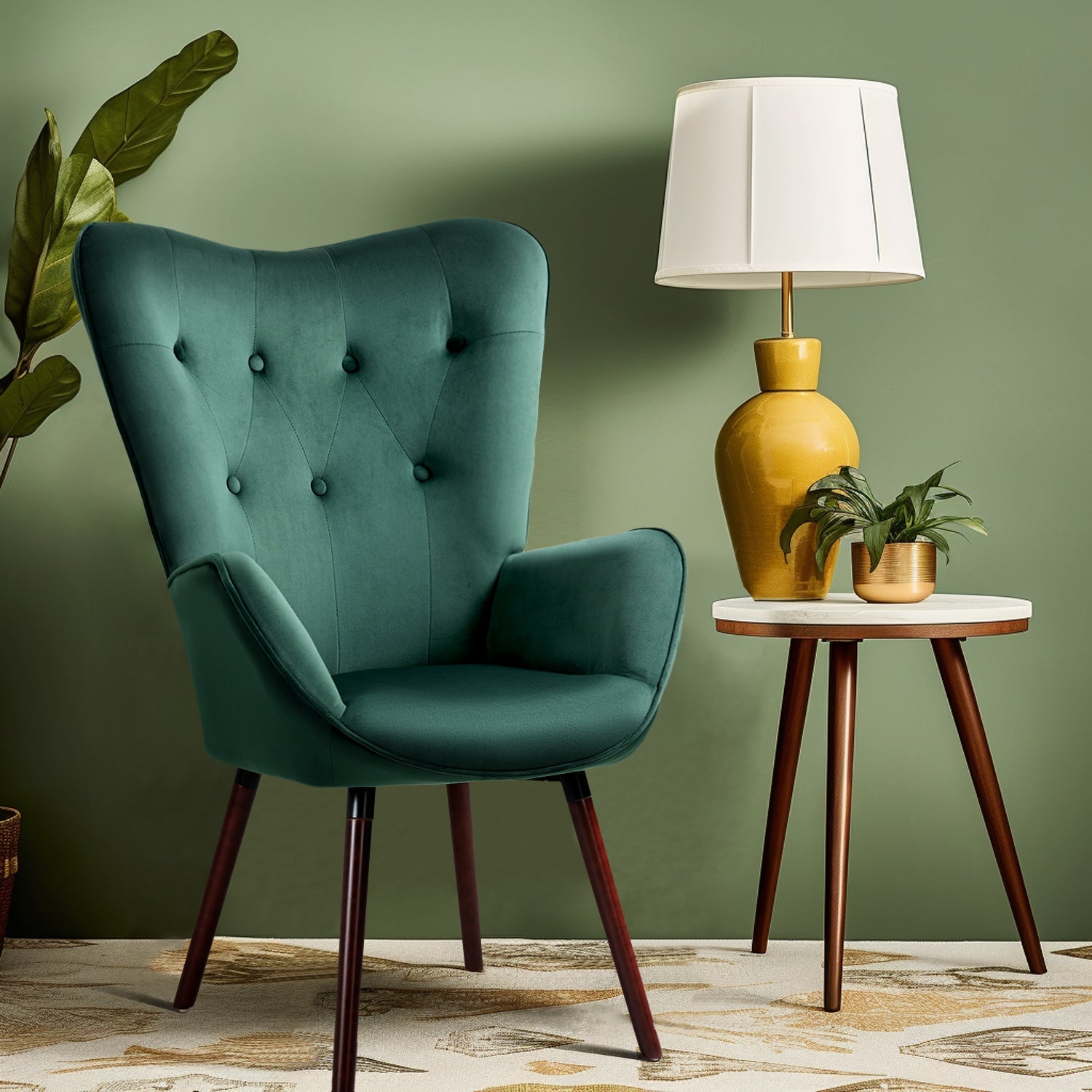 Homy Casa Mid-Century Modern Accent Chair, Button-Tufted High Back, Available in Beige Fabric or Green Velvet, Walnut Wood Legs, Cozy Lounge Chair for Living Room, Bedroom, or Office.