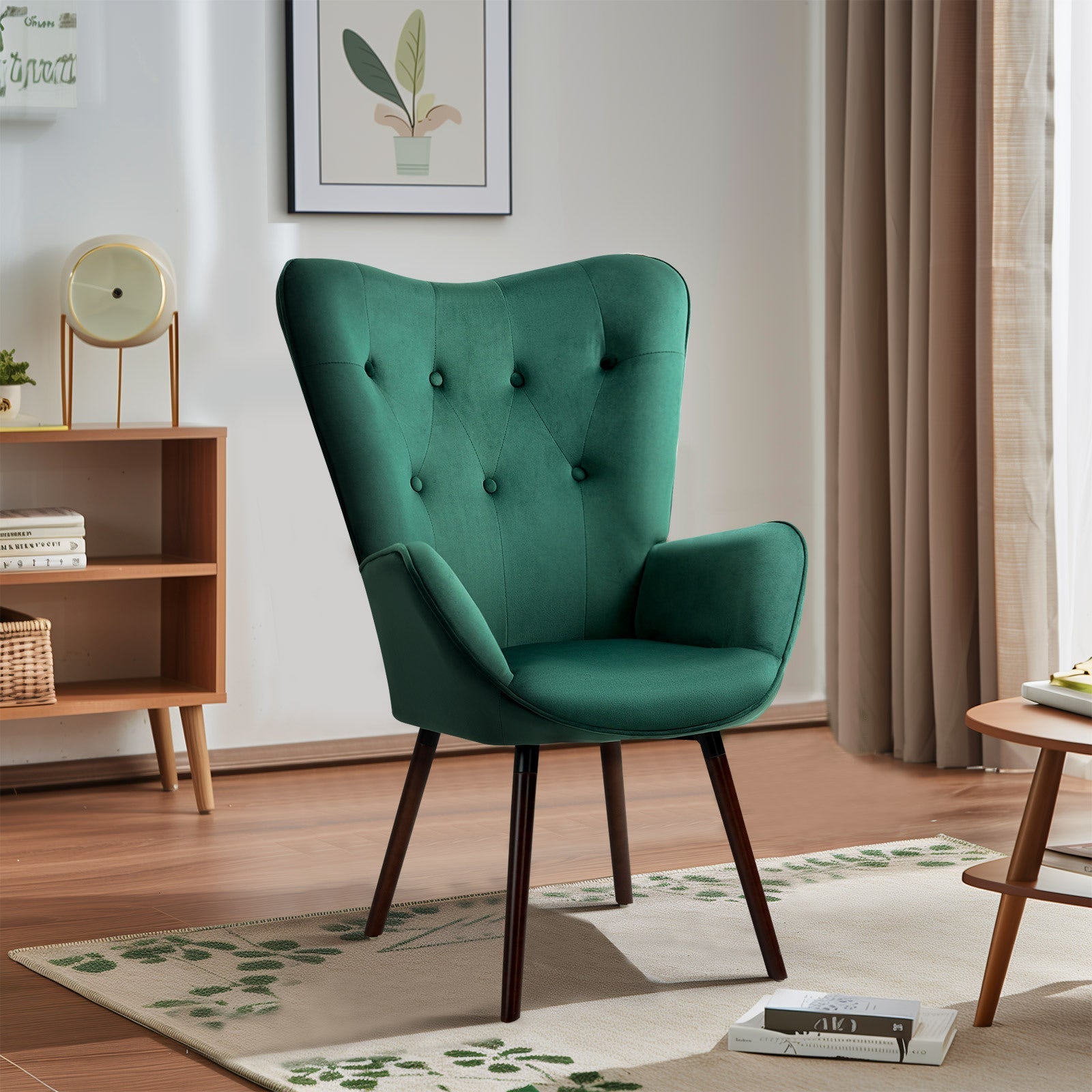 Homy Casa Mid-Century Modern Accent Chair, Button-Tufted High Back, Available in Beige Fabric or Green Velvet, Walnut Wood Legs, Cozy Lounge Chair for Living Room, Bedroom, or Office.