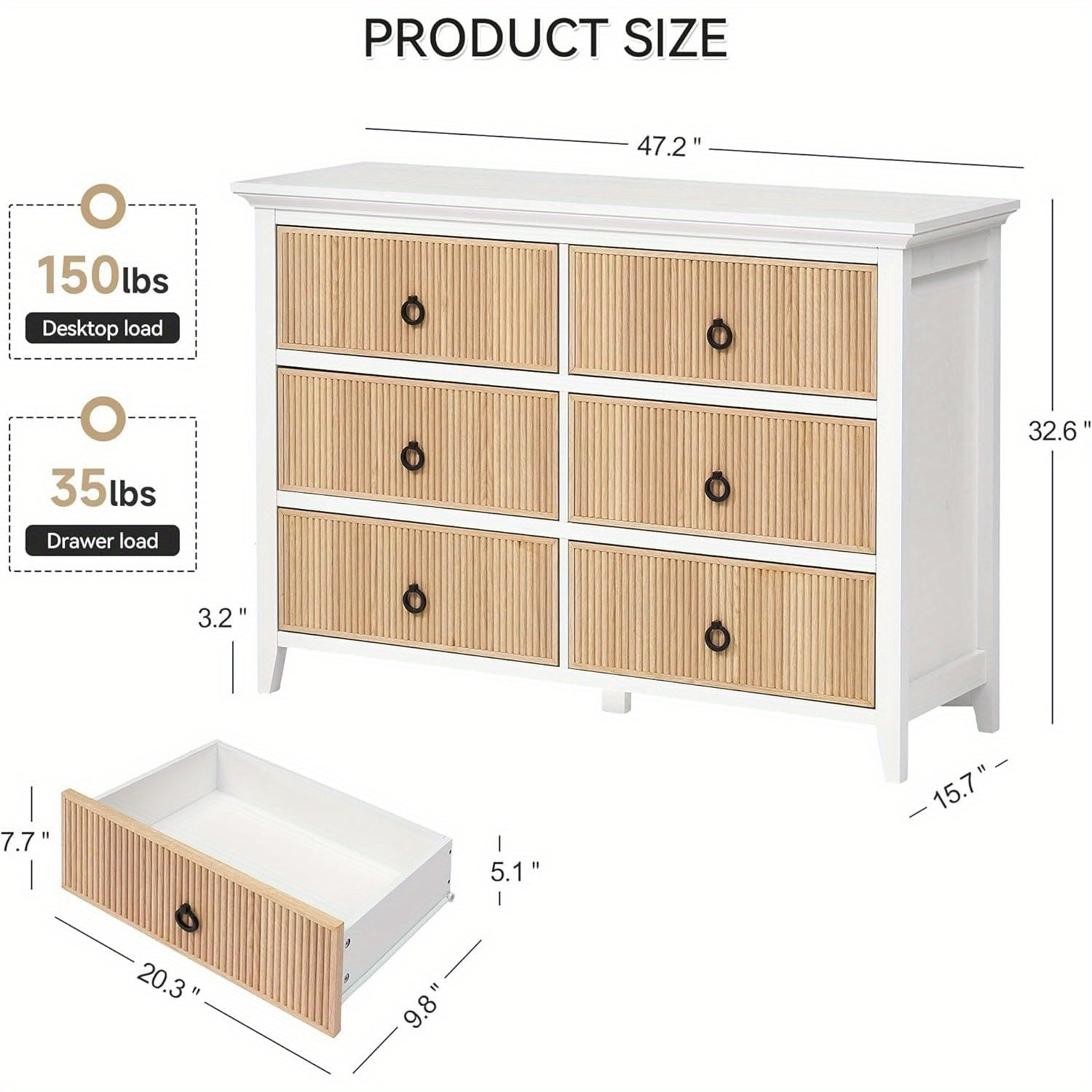 6-Drawer Fluted Dresser Cabinet for Bedroom, Modern Storage Chest with Fluted Panels, Wide Organizer Dresser for Bedroom, Hallway, Closet, and Living Room (Natural)