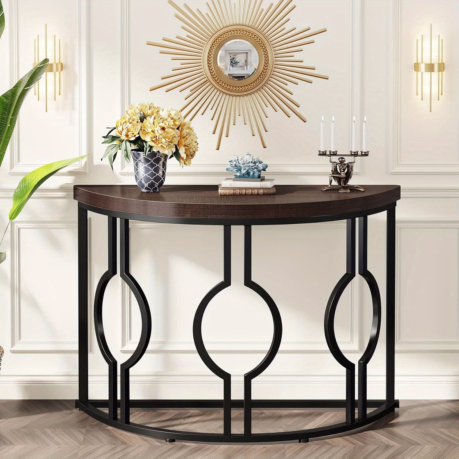 Half Moon Console Table for Entryway, 43 Inch Industrial Semi Circle Sofa Table with Geometric Base, Wood Accent Table for Living Room, Hallway, Foyer, Entrance