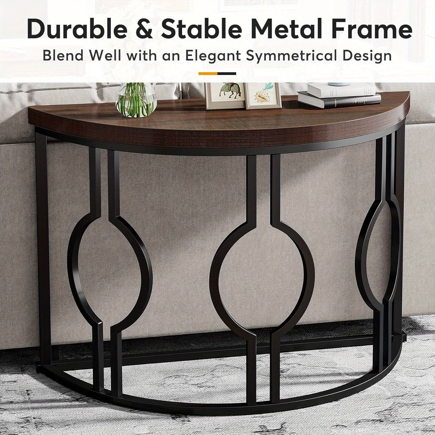 Half Moon Console Table for Entryway, 43 Inch Industrial Semi Circle Sofa Table with Geometric Base, Wood Accent Table for Living Room, Hallway, Foyer, Entrance