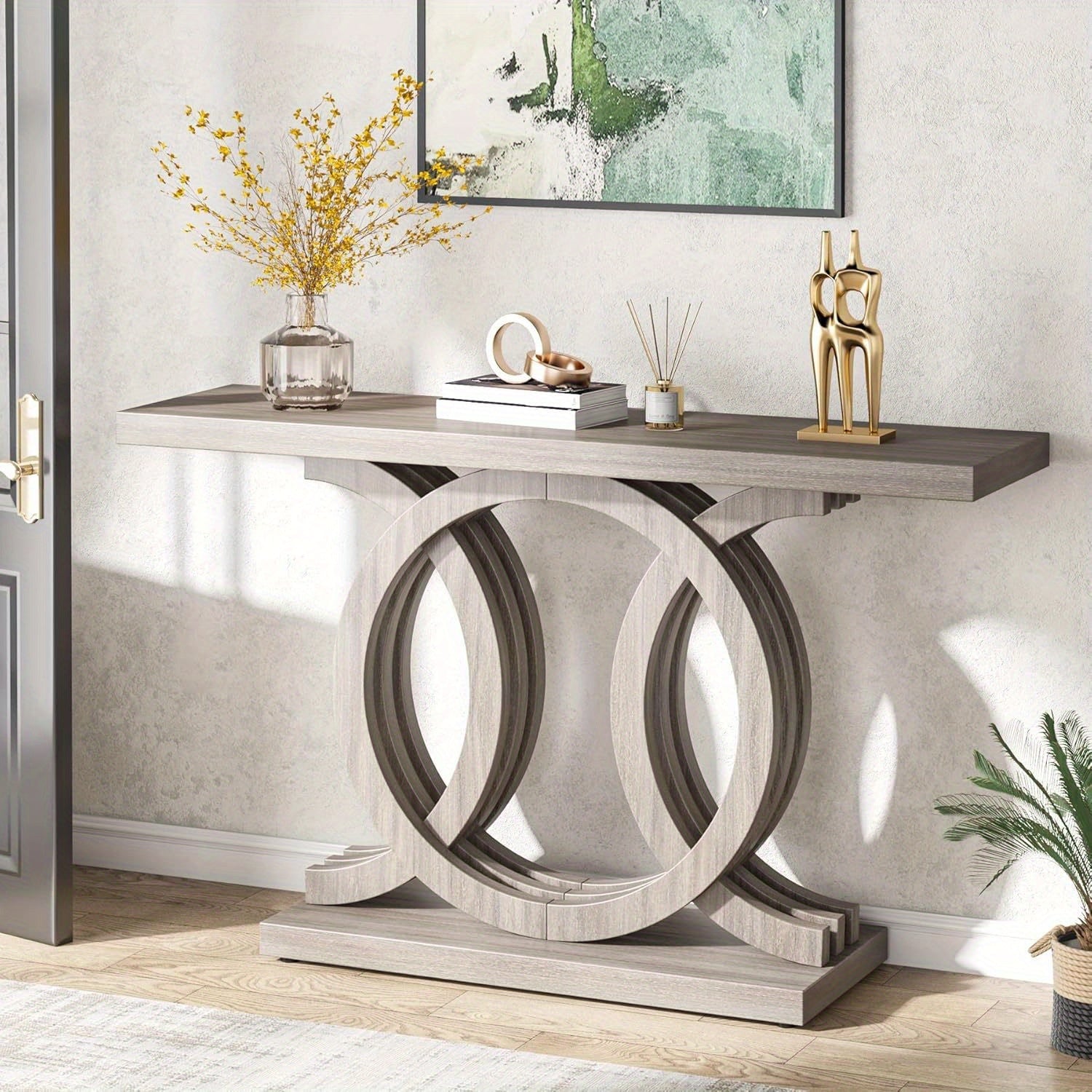 55 inches Console Table with Geometric Base, Farmhouse Hallway Table, Wooden Entryway Table, Vintage Sofa Table, Unique Long Accent Table for Decoration and Organization (Grey)