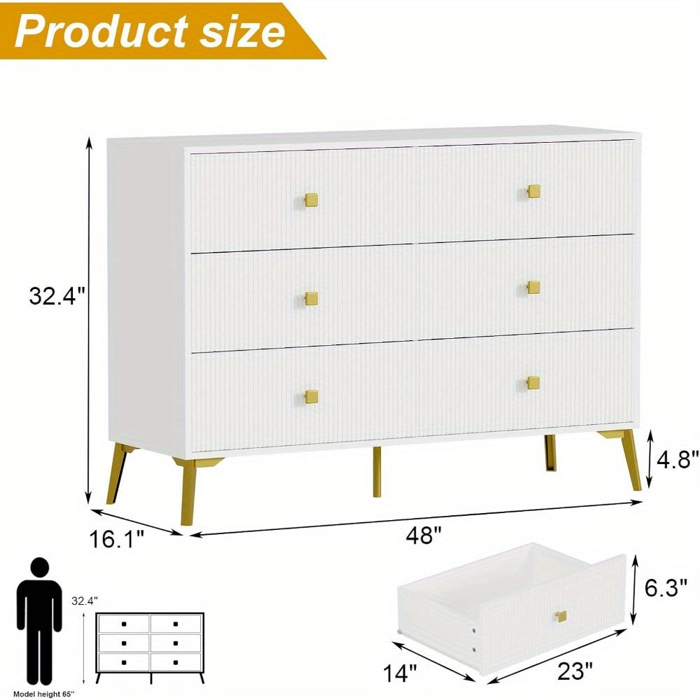 6 Drawer Dresser for Bedroom, Modern Bedroom Dresser, Fluted White and Gold Dresser with Curved Profile Design, Storage Dressers & Chests of Drawers for Living Room, Closet, Bedroom, Hallway, White