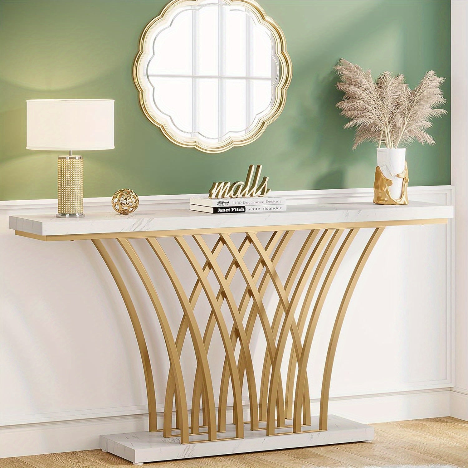 59 inch Gold Console Table, Modern Entryway Table with Grid-Shaped Metal Base for Entrance, Hallway, Entryway, Living Room (White Faux Marble & Gold)