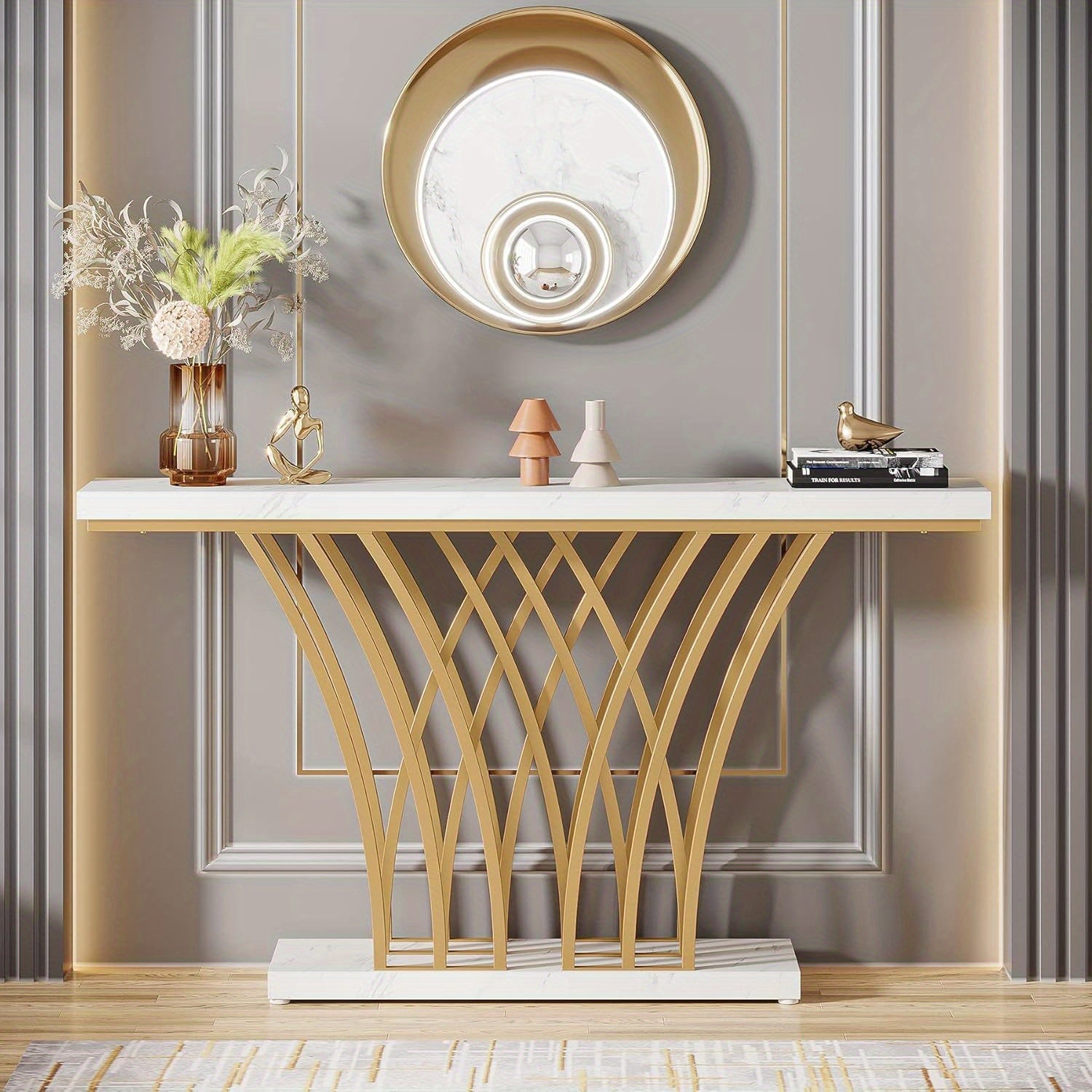 59 inch Gold Console Table, Modern Entryway Table with Grid-Shaped Metal Base for Entrance, Hallway, Entryway, Living Room (White Faux Marble & Gold)