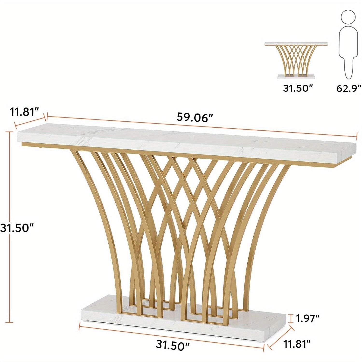 59 inch Gold Console Table, Modern Entryway Table with Grid-Shaped Metal Base for Entrance, Hallway, Entryway, Living Room (White Faux Marble & Gold)