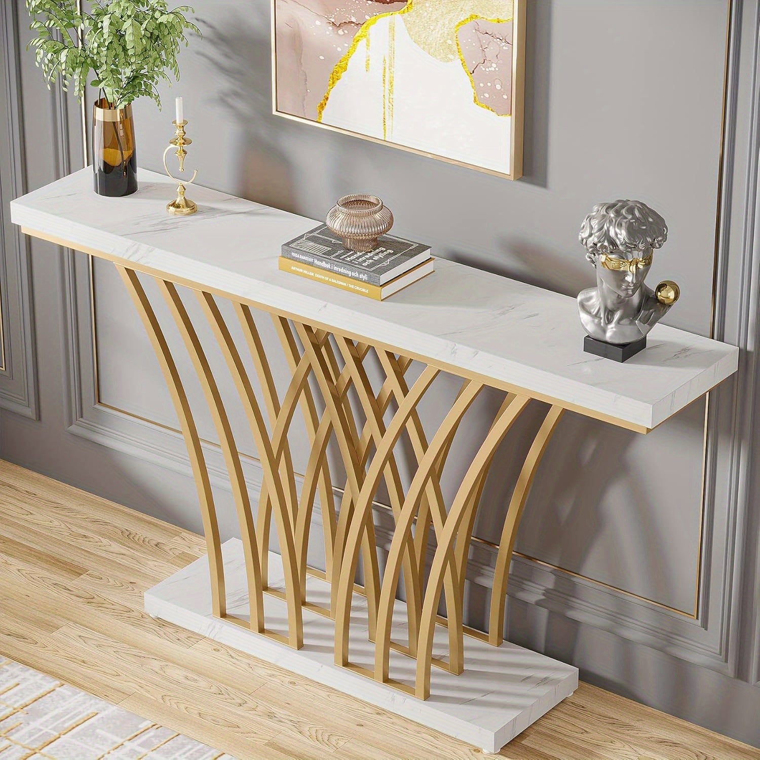 59 inch Gold Console Table, Modern Entryway Table with Grid-Shaped Metal Base for Entrance, Hallway, Entryway, Living Room (White Faux Marble & Gold)