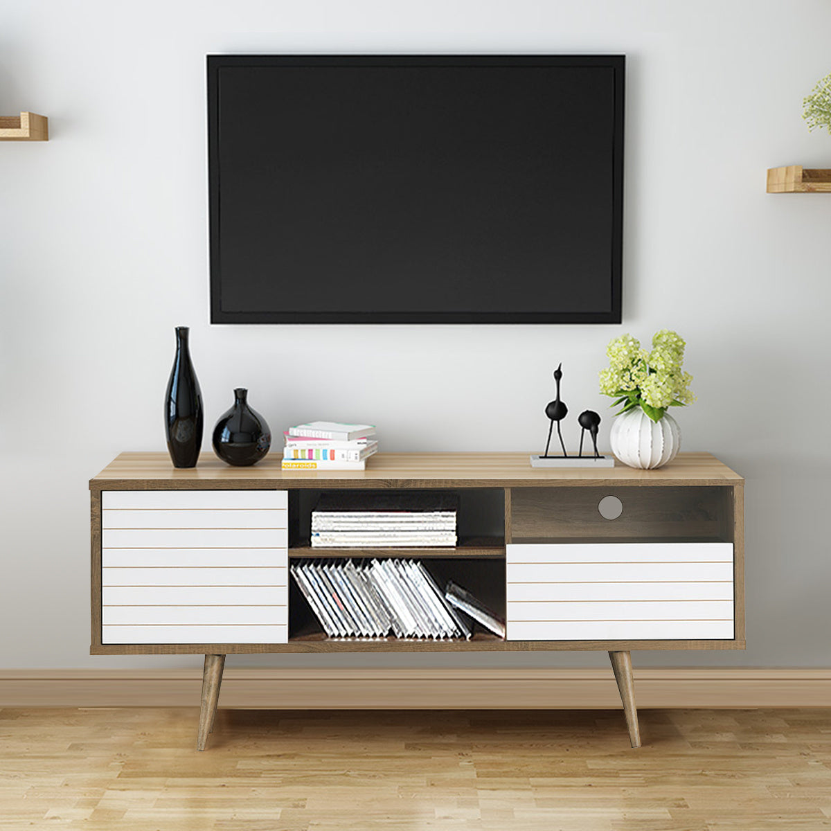 TV Stand for Flat Screen TVs up to 65 Inches Mid-Century Modern TV Console Table with Storage Shelves Cabinet & Drawer