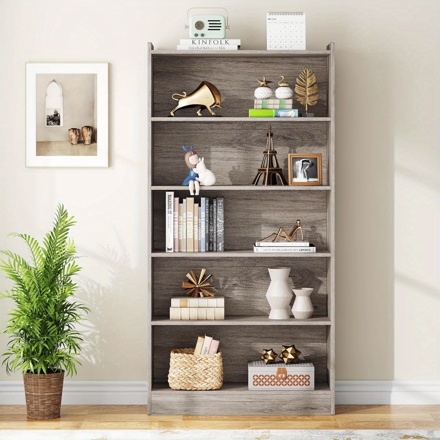 6-Tier Tall Bookcase 180cm Bookshelves and Bookcases Floor Standing 5 Shelf Library Bookcase for Home Office Living