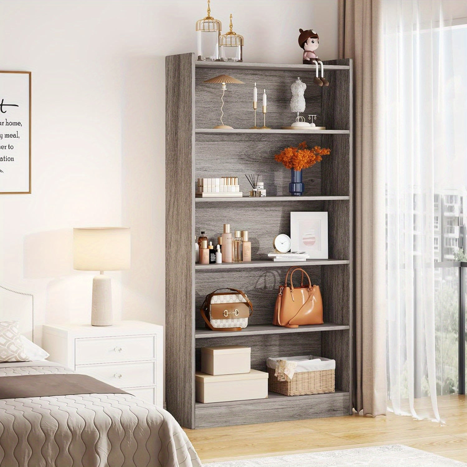 6-Tier Tall Bookcase 180cm Bookshelves and Bookcases Floor Standing 5 Shelf Library Bookcase for Home Office Living