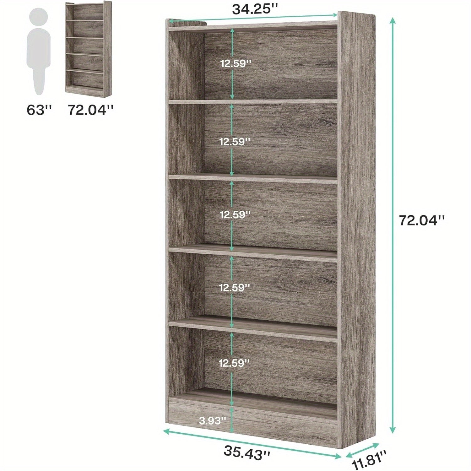 6-Tier Tall Bookcase 180cm Bookshelves and Bookcases Floor Standing 5 Shelf Library Bookcase for Home Office Living