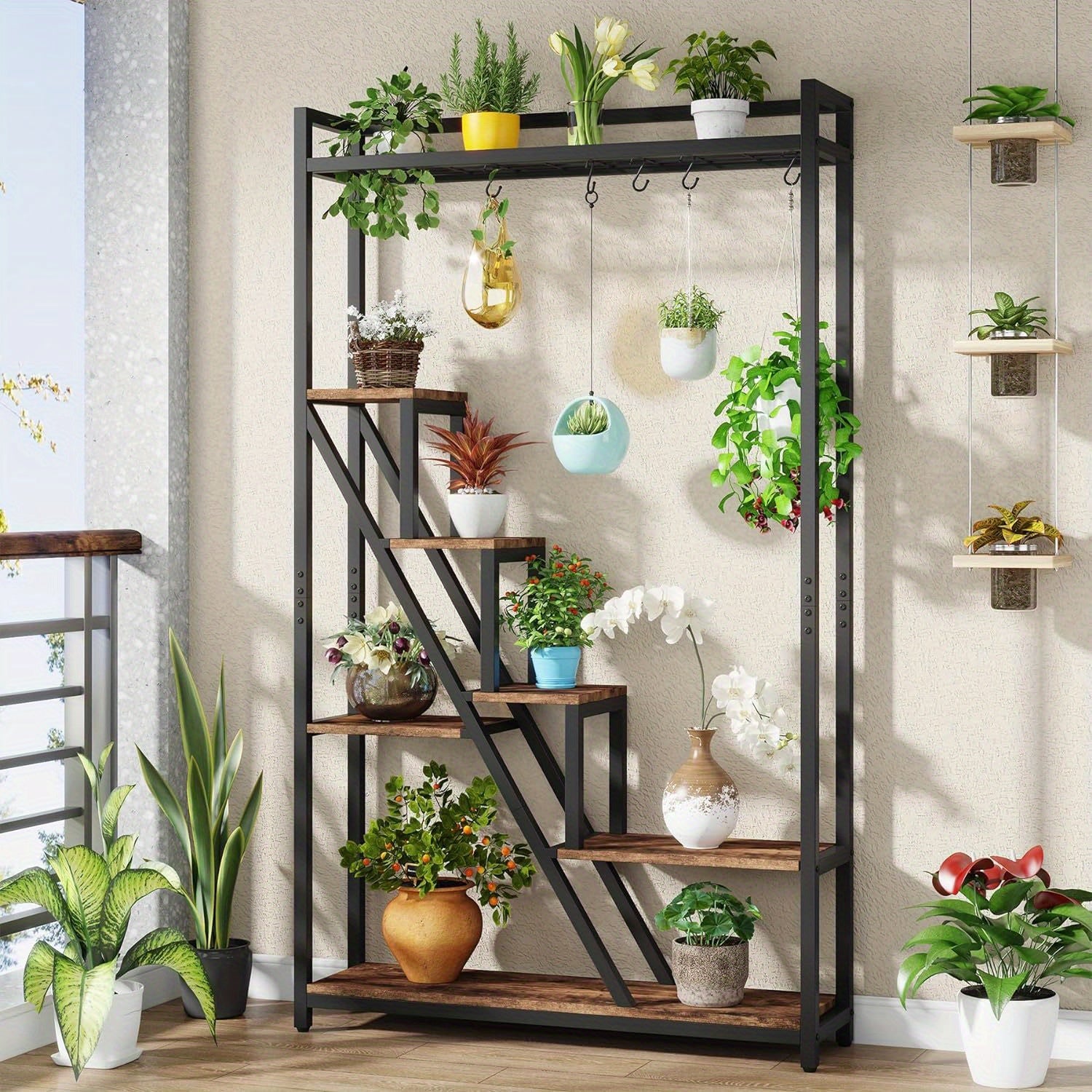 70.9" Tall Indoor Plant Stand, 7-Tier Large Plant Shelf with 5 S-Hooks, Industrial Wood Flower Stand Display Rack for Indoor, Garden, Balcony, Living Room, Rustic Brown