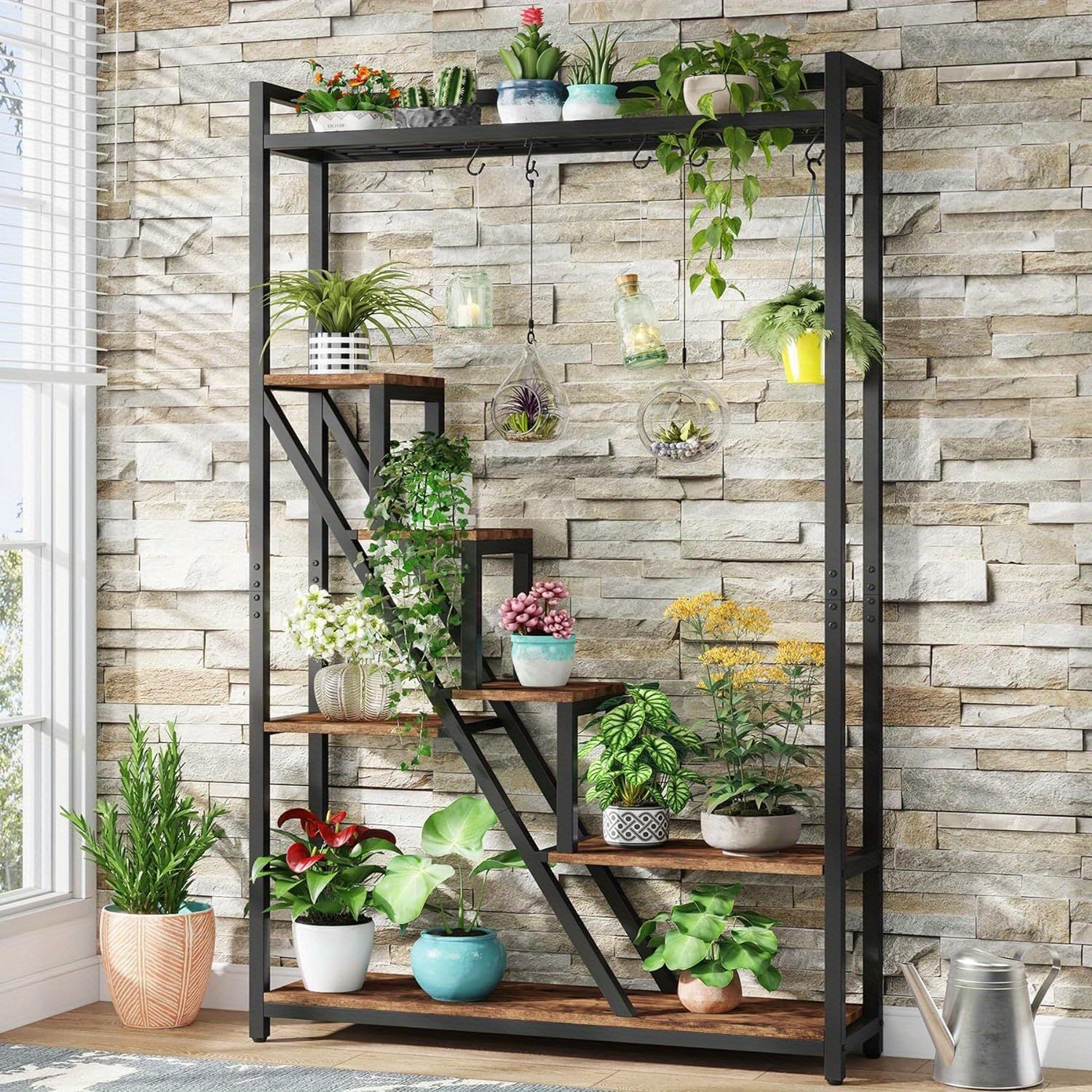 70.9" Tall Indoor Plant Stand, 7-Tier Large Plant Shelf with 5 S-Hooks, Industrial Wood Flower Stand Display Rack for Indoor, Garden, Balcony, Living Room, Rustic Brown