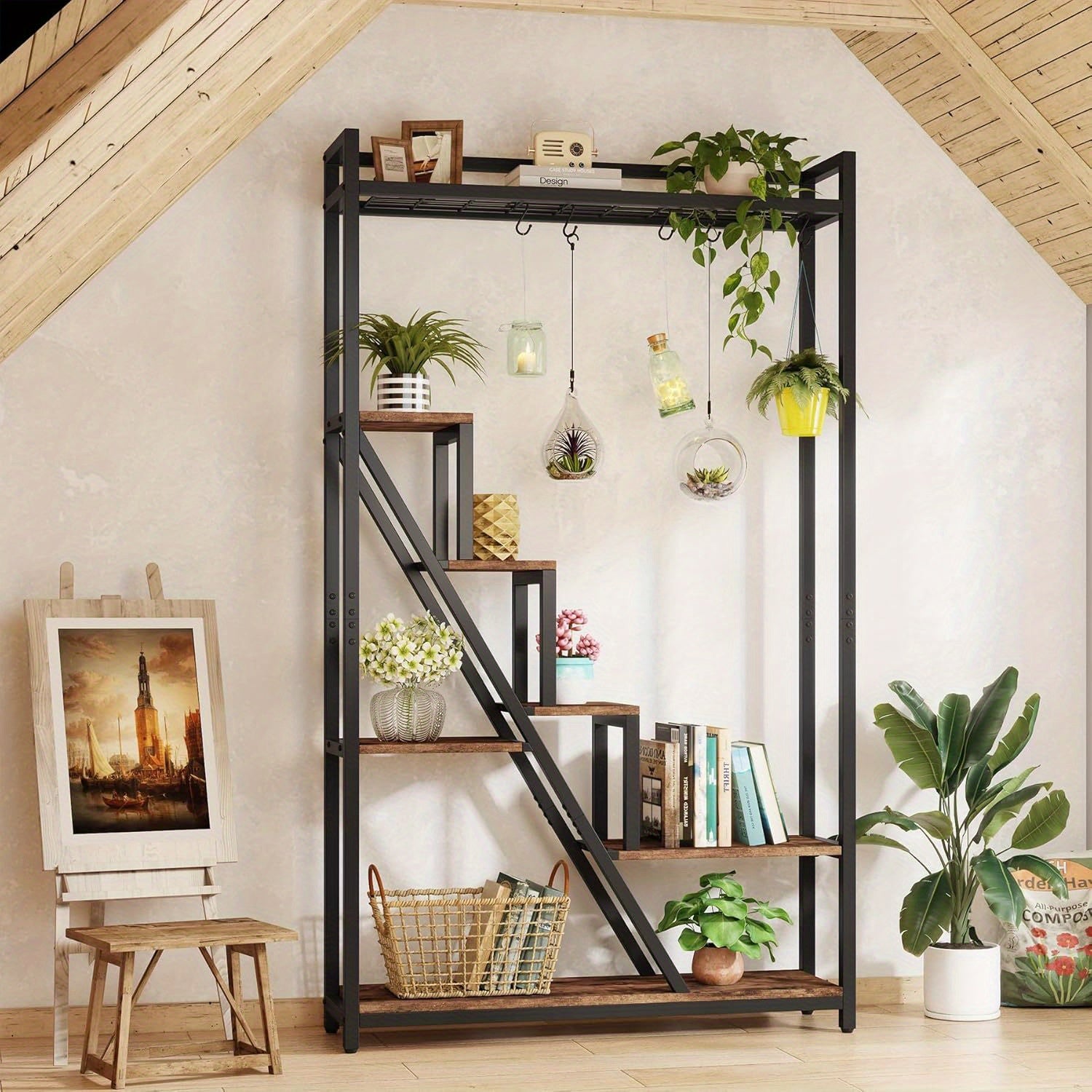 70.9" Tall Indoor Plant Stand, 7-Tier Large Plant Shelf with 5 S-Hooks, Industrial Wood Flower Stand Display Rack for Indoor, Garden, Balcony, Living Room, Rustic Brown