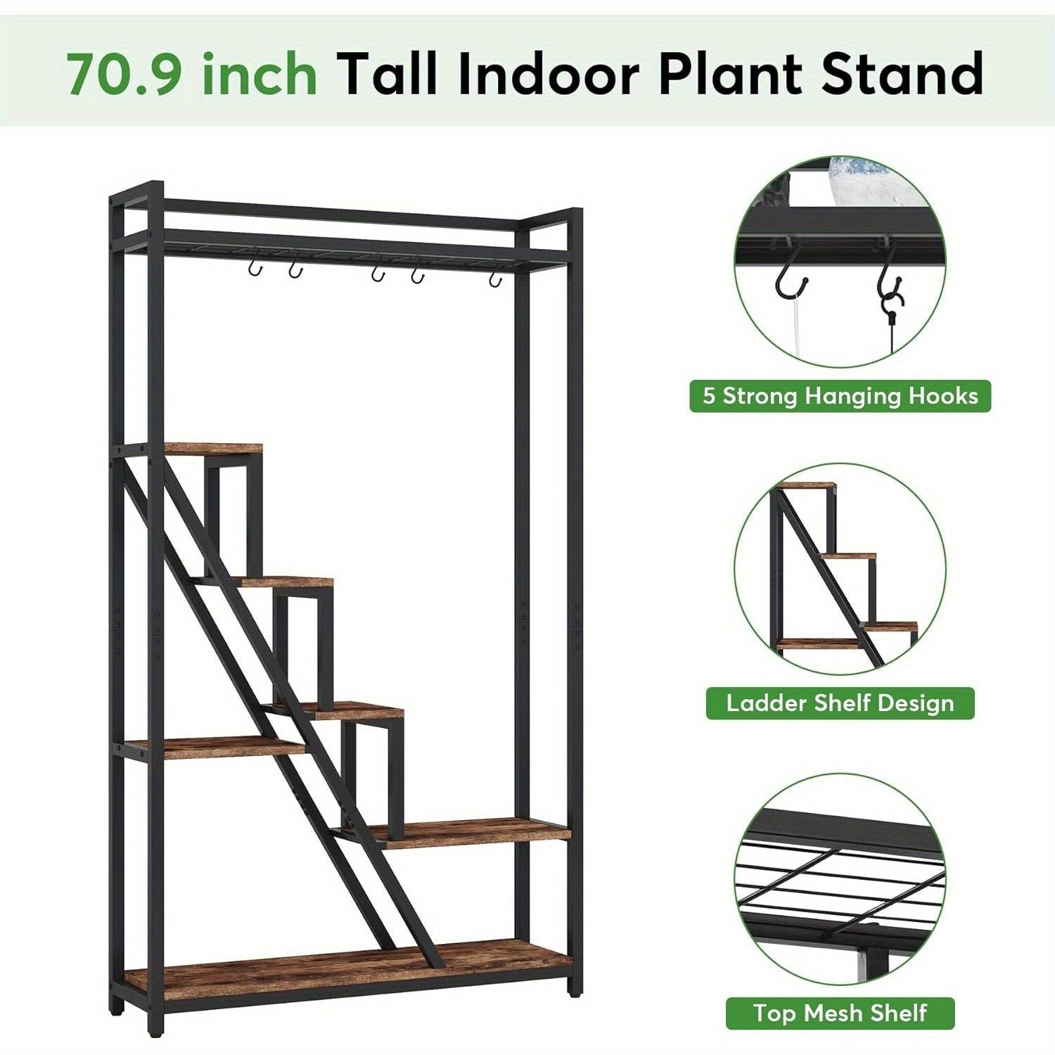 70.9" Tall Indoor Plant Stand, 7-Tier Large Plant Shelf with 5 S-Hooks, Industrial Wood Flower Stand Display Rack for Indoor, Garden, Balcony, Living Room, Rustic Brown