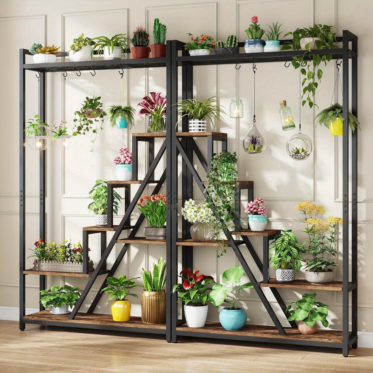 70.9" Tall Indoor Plant Stand, 7-Tier Large Plant Shelf with 5 S-Hooks, Industrial Wood Flower Stand Display Rack for Indoor, Garden, Balcony, Living Room, Rustic Brown