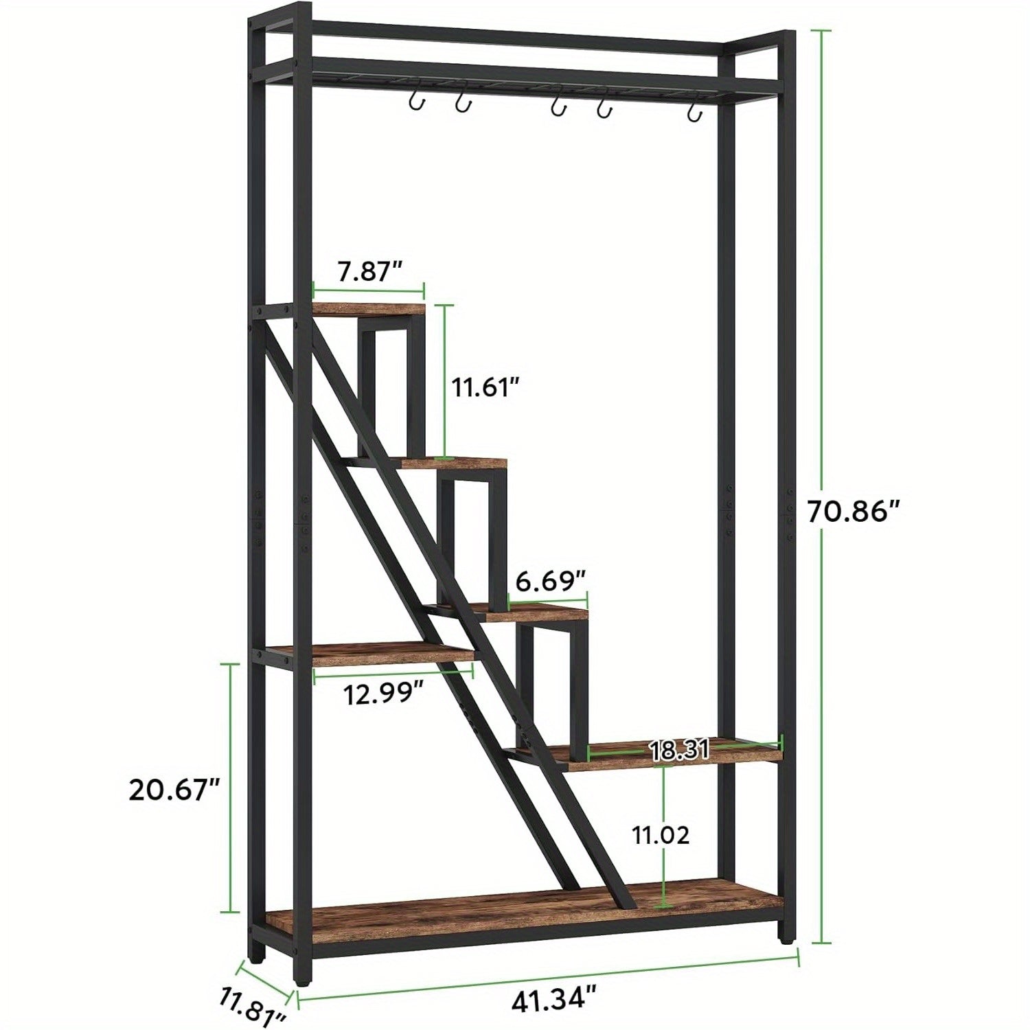 70.9" Tall Indoor Plant Stand, 7-Tier Large Plant Shelf with 5 S-Hooks, Industrial Wood Flower Stand Display Rack for Indoor, Garden, Balcony, Living Room, Rustic Brown