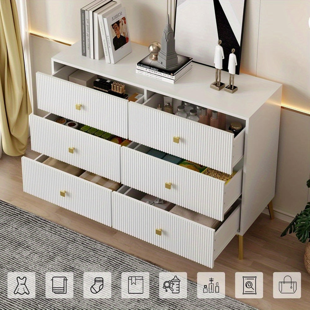 6 Drawer Dresser for Bedroom, Modern Bedroom Dresser, Fluted White and Gold Dresser with Curved Profile Design, Storage Dressers & Chests of Drawers for Living Room, Closet, Bedroom, Hallway, White