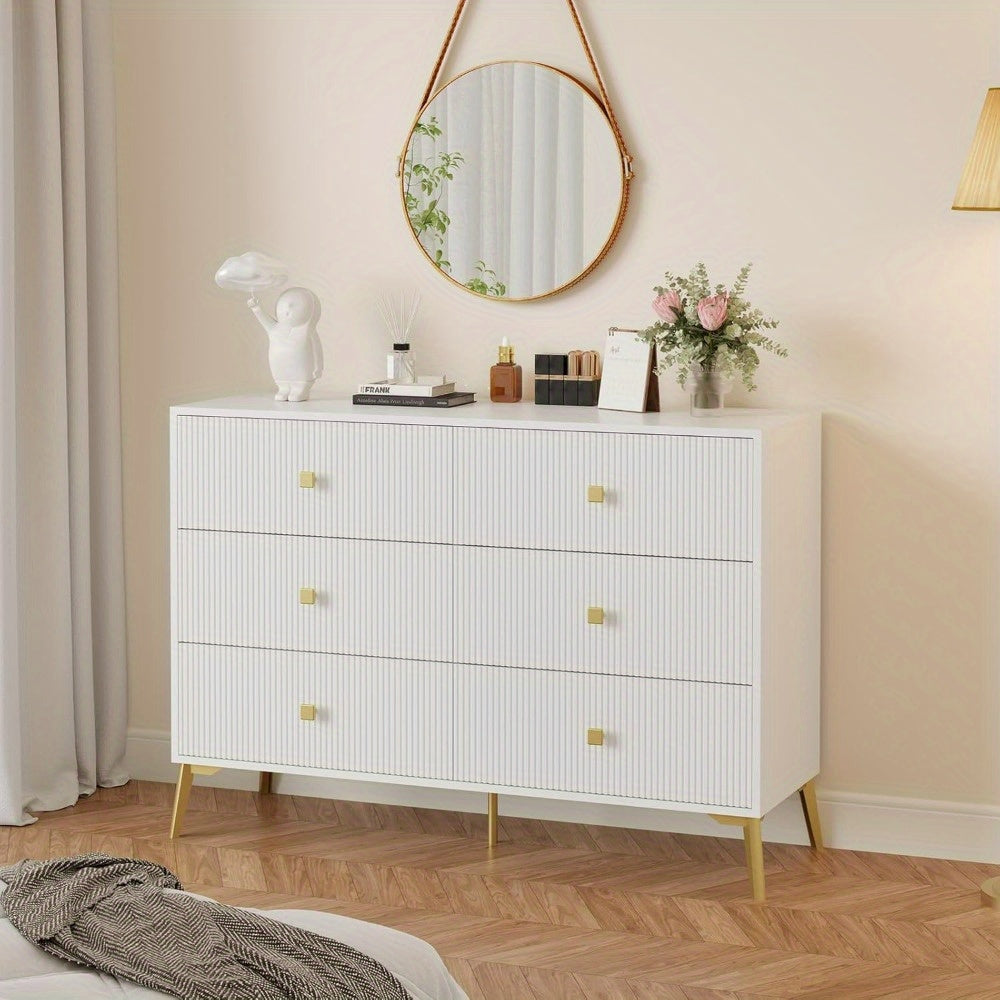 6 Drawer Dresser for Bedroom, Modern Bedroom Dresser, Fluted White and Gold Dresser with Curved Profile Design, Storage Dressers & Chests of Drawers for Living Room, Closet, Bedroom, Hallway, White