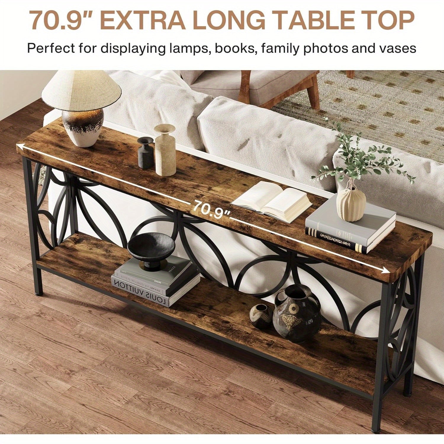 70.9-Inch Narrow Sofa Table, Industrial Long Sofa Table Behind Couch, Entry Console Table with Storage for Entryway, Living Room, Foyer, Unique Design