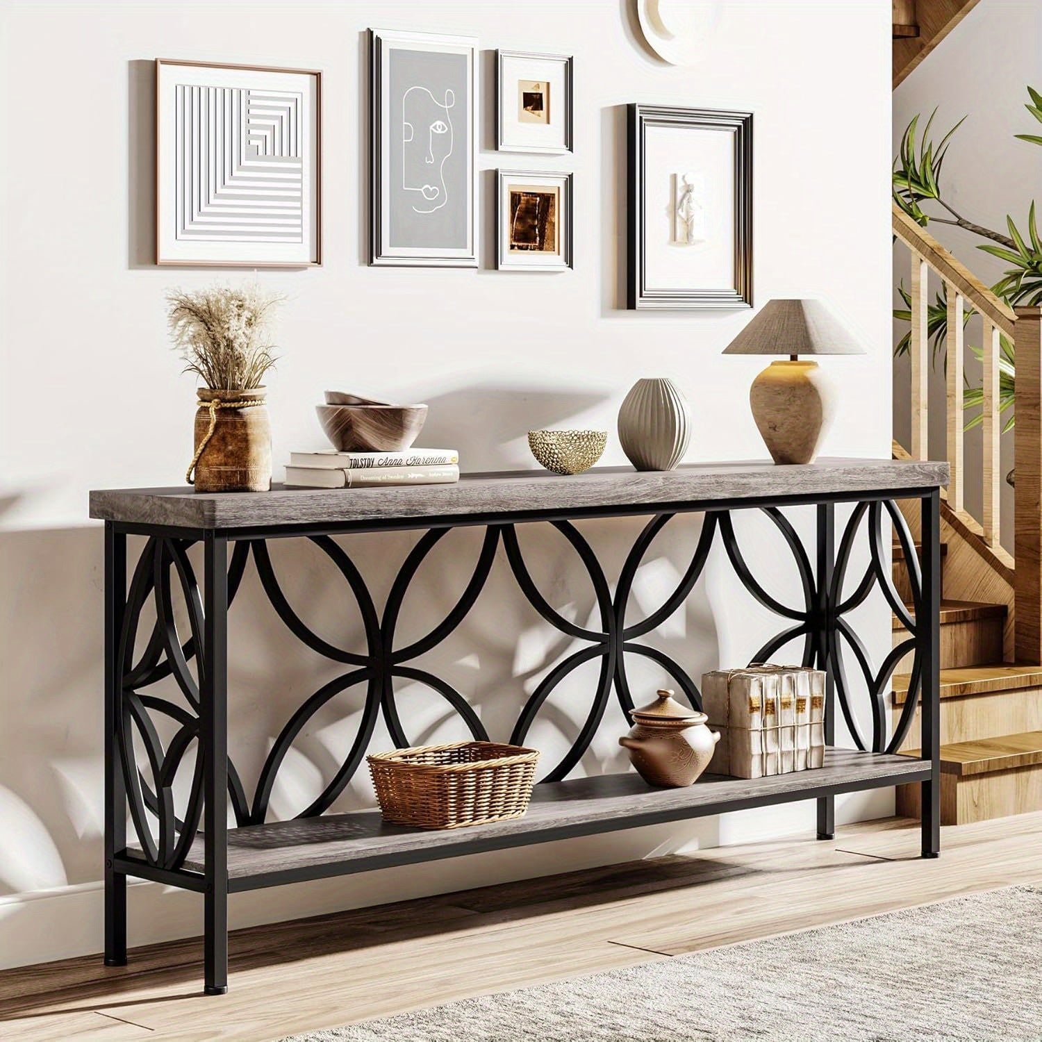 70.9-Inch Narrow Sofa Table, Industrial Long Sofa Table Behind Couch, Entry Console Table with Storage for Entryway, Living Room, Foyer, Unique Design