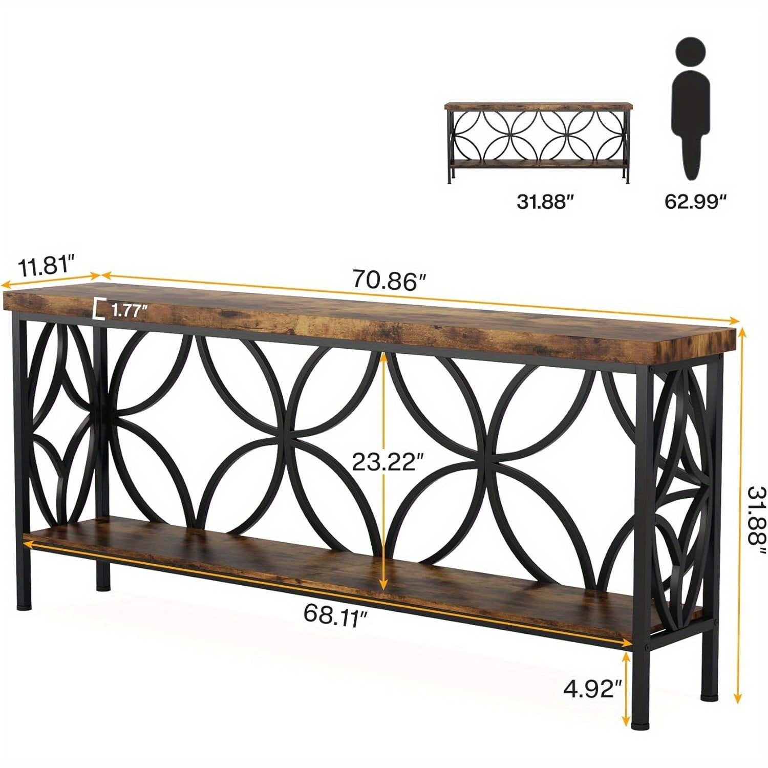 70.9-Inch Narrow Sofa Table, Industrial Long Sofa Table Behind Couch, Entry Console Table with Storage for Entryway, Living Room, Foyer, Unique Design